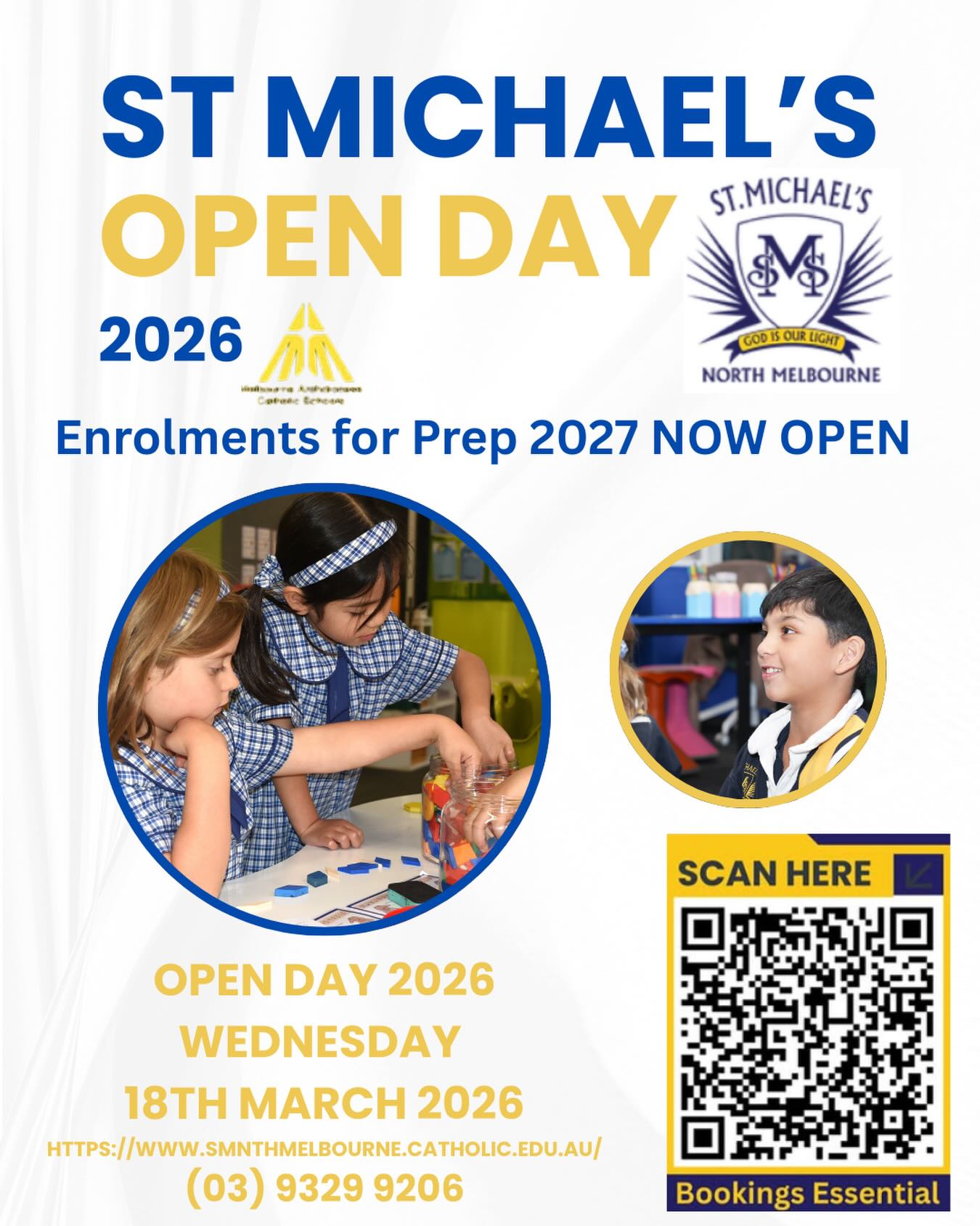 🌟 St Michael’s Open Day 2026! 🌟
Future Prep families, this is your chance to experience the amazing learning at St Michael’s! 🏫✨
Join us for a guided tour, see our classrooms in action and ask any questions you may have about enrolling for 2027.
📅 Date: Wednesday 18th March
📍 Location: St Michael’s Primary School
Come and see learning come to life! We can’t wait to welcome you. 💙💛
Bookings are essential.