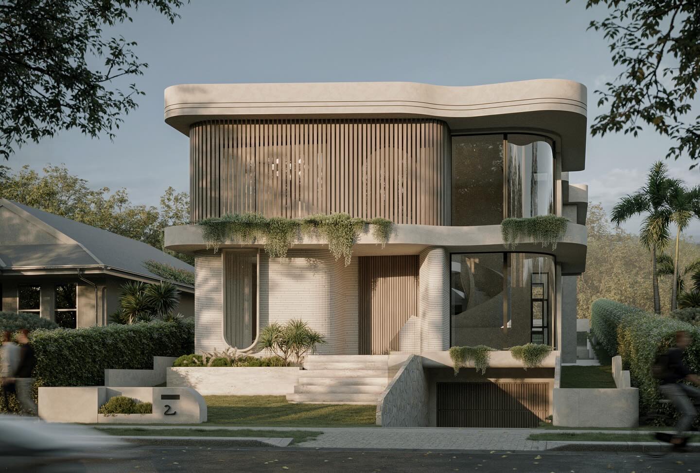 Designing for both presence and privacy.
The upper floor balcony sits hidden behind a veil of vertical bifold battens screening allowing light and air through while maintaining privacy from the street.
Soft curves and layered textures give the faรงade a calm, sculpted presence.
#architecture #modernarchitecture #facadedesign #luxuryhomes #interiordesign