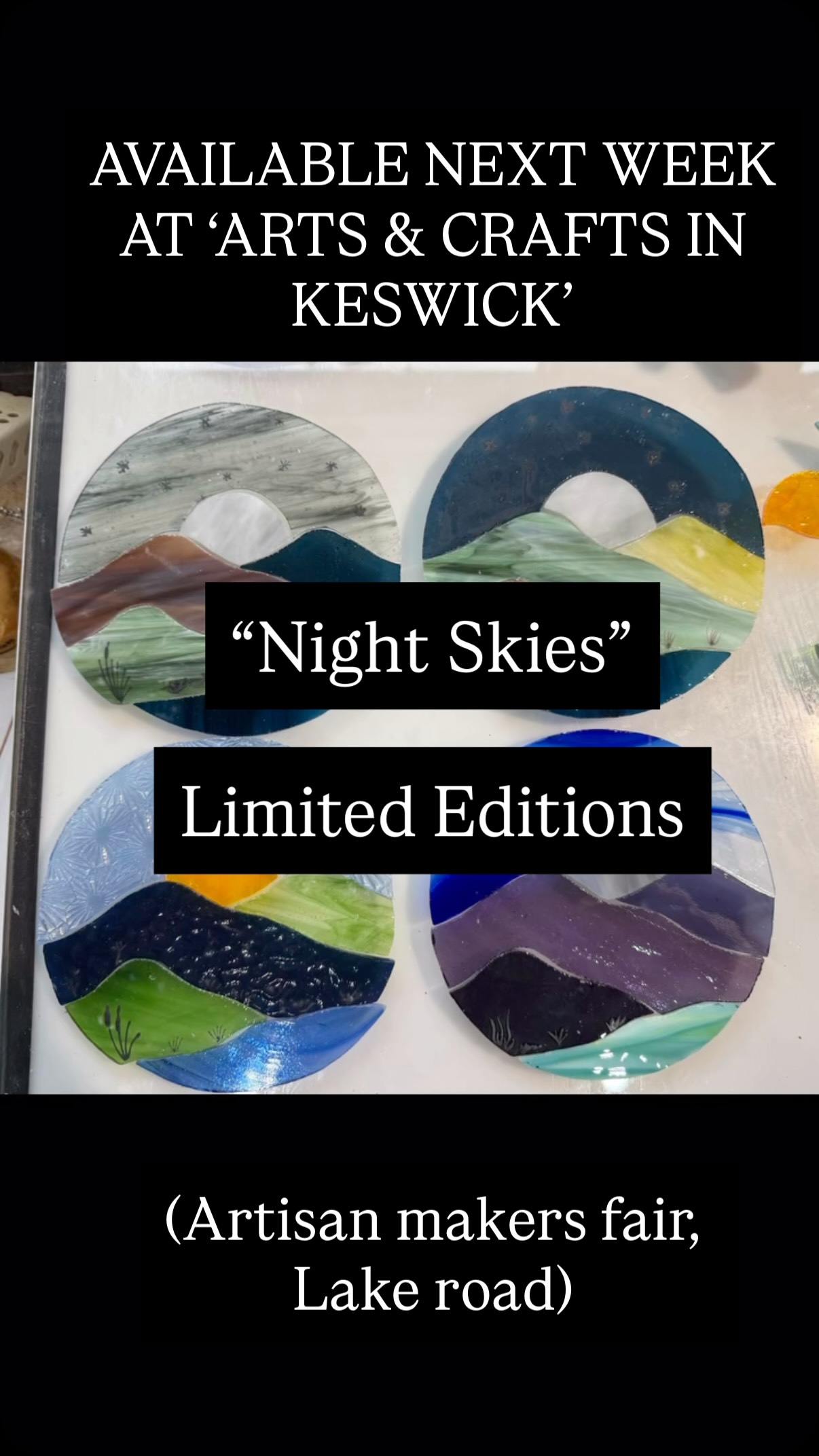 New mini-collection launching exclusively at @artsandcraftsinkeswick next week (Starting Tuesday 17th until Saturday 21st March)
“Night Skies” - new versions of our best selling sunset disc…… each unique in glass selection and with kiln fired glass painted detail, available either as a gorgeous window hanging or in a bespoke, handcrafted wooden stand.
Which is your favourite colour way? I love them all, but particularly the semi/opaque browns and greens of the top right! 😍
Why not pop into Keswick, come say hi and see them for yourselves, as well as meeting all the other amazingly talented makers in the group? To find out more, and who from the collective will be in the hall each session, go to https://artsandcraftsinkeswick.co.uk
#stainedglass #NewCollection #Keswick #CraftFair #Handmade
@the_makers_mill @edenvalleyartisticnetwork @cumbrialifemag @arts_cumbria @lakedistrictcumbria @visitkeswick @rheged_centre @hare_hill_barn @ivymakersguild @make_it_at_market @gatherennerdale