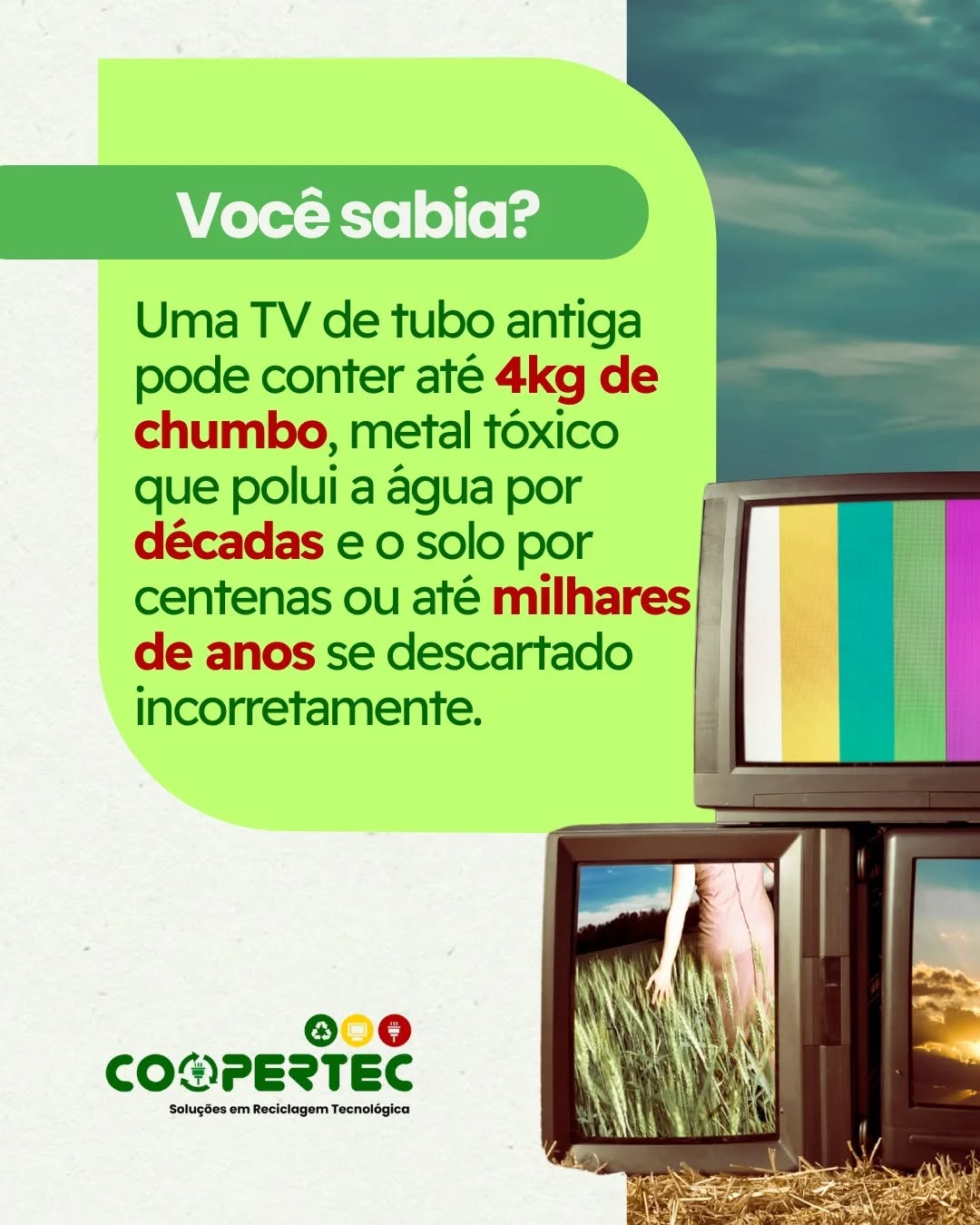 O perigo invisível das TVs antigas 📺⚠️
O que parece apenas um aparelho ultrapassado e pesado é, na verdade, um risco químico se descartado no lixo comum.
O chumbo presente no vidro do tubo não se biodegrada. Ele se acumula, contaminando recursos naturais por gerações. Na Coopertec, garantimos a separação técnica e segura desse metal, impedindo que ele chegue à natureza.
Não corra riscos. Traga sua TV antiga para quem realiza o descarte com responsabilidade ambiental. ♻️🛡️
#Coopertec #Resíduoeletrônico #Sustentabilidade #DescarteCorreto