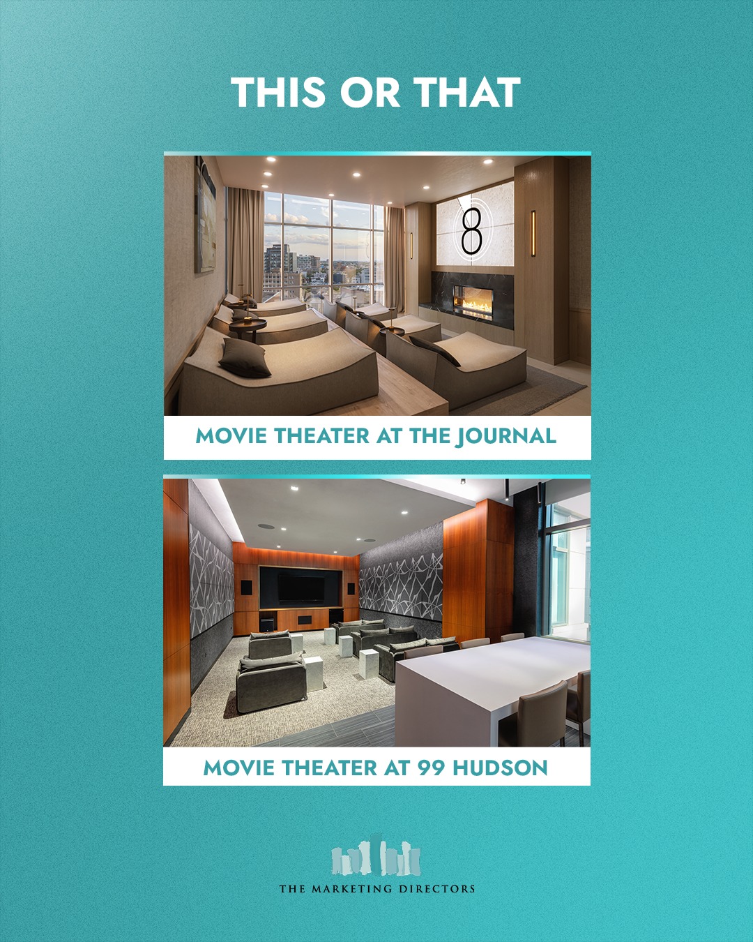 Two movie rooms in two different luxury residential buildings in Jersey City—The Journal and 99 Hudson. Which one puts you in the mood to kick back and watch a movie or high-stakes sporting event?
(You’ll find these two—and many other stunning residential developments—in the portfolio on our website.)
#TheMarketingDirectors
#TMDRealEstate #ThisOrThat #MovieTheater #Amenities
