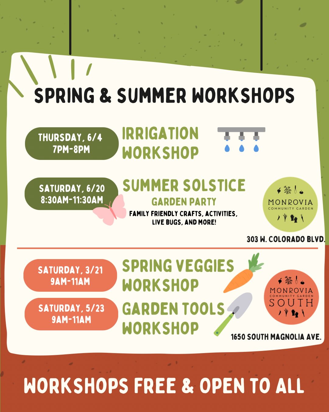 🌱 Mark your calendars for Spring & Summer workshops at Monrovia Community Garden! 🌞
We’ve got a full season of workshops to help you grow, learn, and connect with fellow gardeners. Join us this spring and summer for:
🥕 Spring Veggies – get tips for planting spring crops, plus free plants while supplies last!
🛠 Garden Tools– learn tool safety, our top picks, and the right tool for the job. Bring your tools for free sharpening with @sgvbestcutlery
💧 Irrigation – learn how to keep your garden thriving while saving water
🌻 Summer Solstice Garden Party – celebrate the longest day of the year with family friendly crafts, activities, live bugs, and more!
We can’t wait to see you there! 🌿