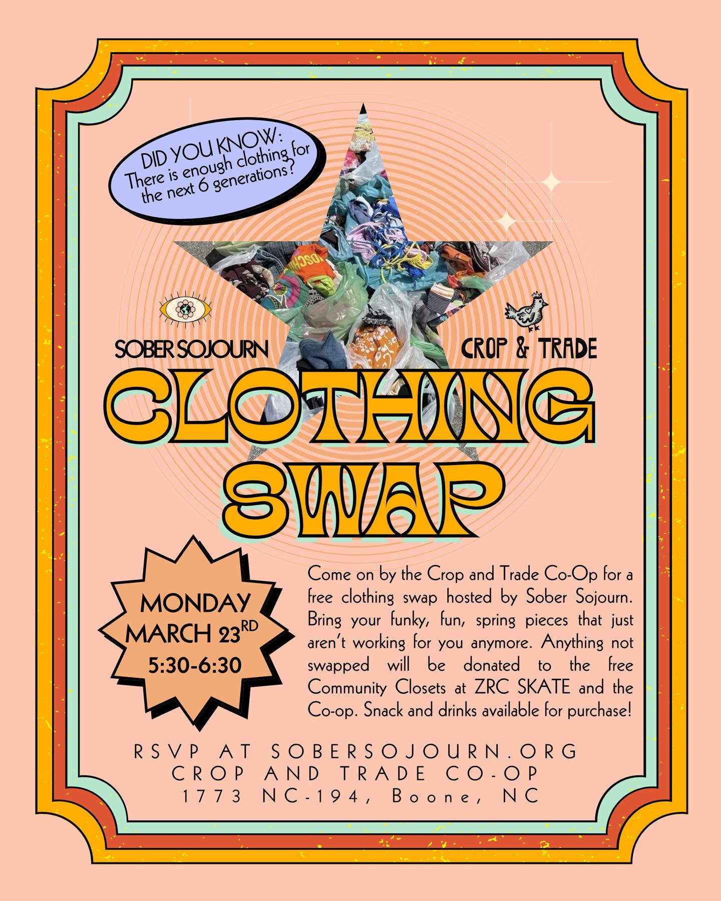 Free Clothing Swap! Monday, March 23rd from 5:30-6:30 at the Co-op! Come make someone’s something old into your something new ✨ All genders, all sizes, and all ages are welcome! What is not swapped will be donated to the Free Community Closet @zrcskate and @cropandtrade.coop 💕 Snack and drinks available for purchase. RSVP on our website sobersojourn.org 🧿 This is a free event ~ donations are always welcome 🤙
We are a 501c3 organization. We are not affiliated with any religious or recovery groups. Our events are a safe space for LGBTQ+, non-binary folks, women, and our allies 🌈