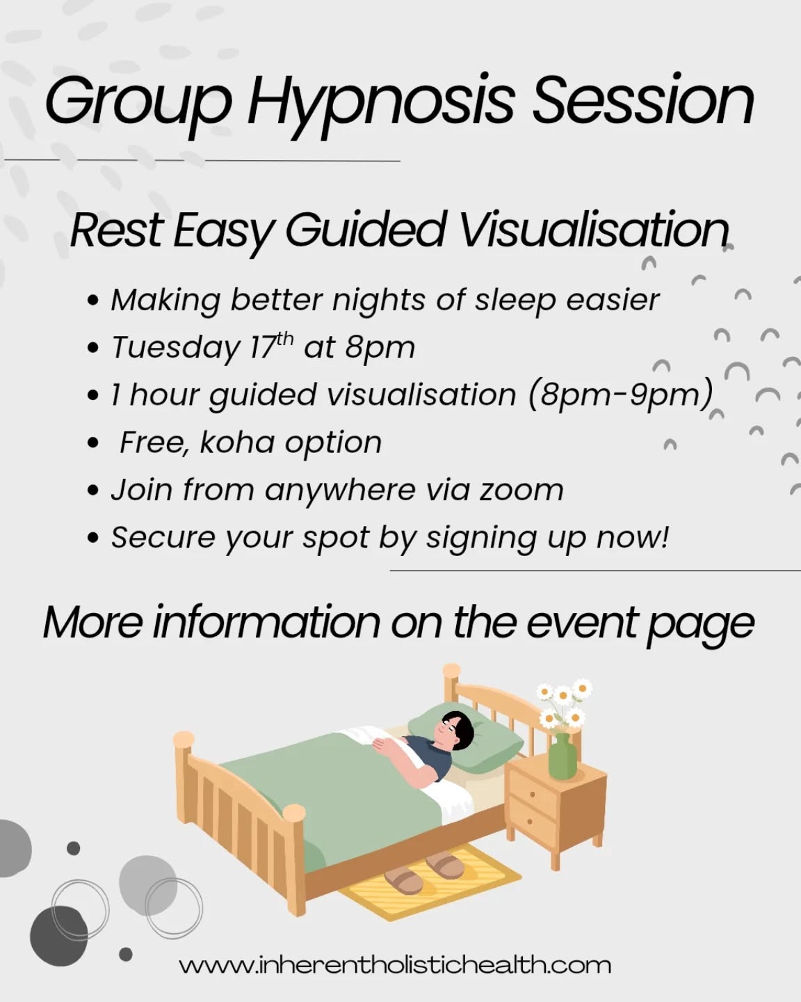 If you're wanting to have better nights of rest, and regulate your nervous system for the day to come.
Join in on the 17th, Tuesday next week, to dive into making some shifts to rest and sleep, all in the unconscious mind.
For more information, head over to my website in the group events section and sign up. Or DM me 'GROUP' and I'll send you what you need to know about it!
Looking forward to seeing you there!