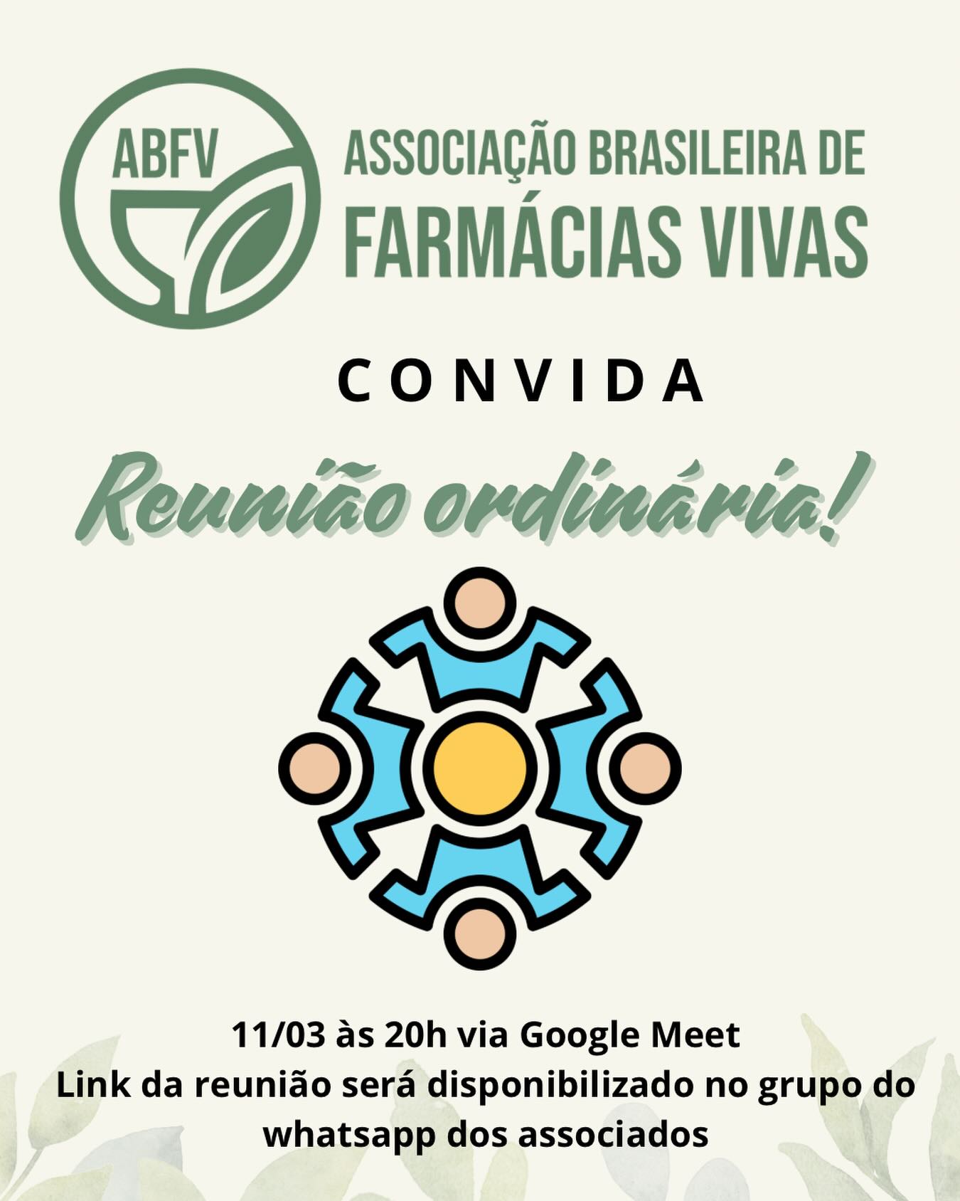 É com grande alegria que a diretoria da ABFV convida os associados para nossa primeira reunião ordinária de 2026🌿🌱
.
Será hoje, dia 11/03/2026 às 20h de forma remota na plataforma Google Meet. O link da reunião será disponibilizado através do grupo de WhatsApp da associação 🌿🌱
.
Entre os assuntos abordados estão:
•. lançamento e-book nas escolas
• Inscrições abertas para o XXVIII SPMB e IV SFVB
• anúncio de sorteios de vagas para o XXVIII SPMB e IV SFVB.
• propostas para 2026
• inscrição dos associados no site da ABFV
• Materiais no drive da ABFV
• Venda do curso e camisetas no site da ABFV
• Anuidade 2026
.
Aguardamos todos! 🌿🌱🙌🏼