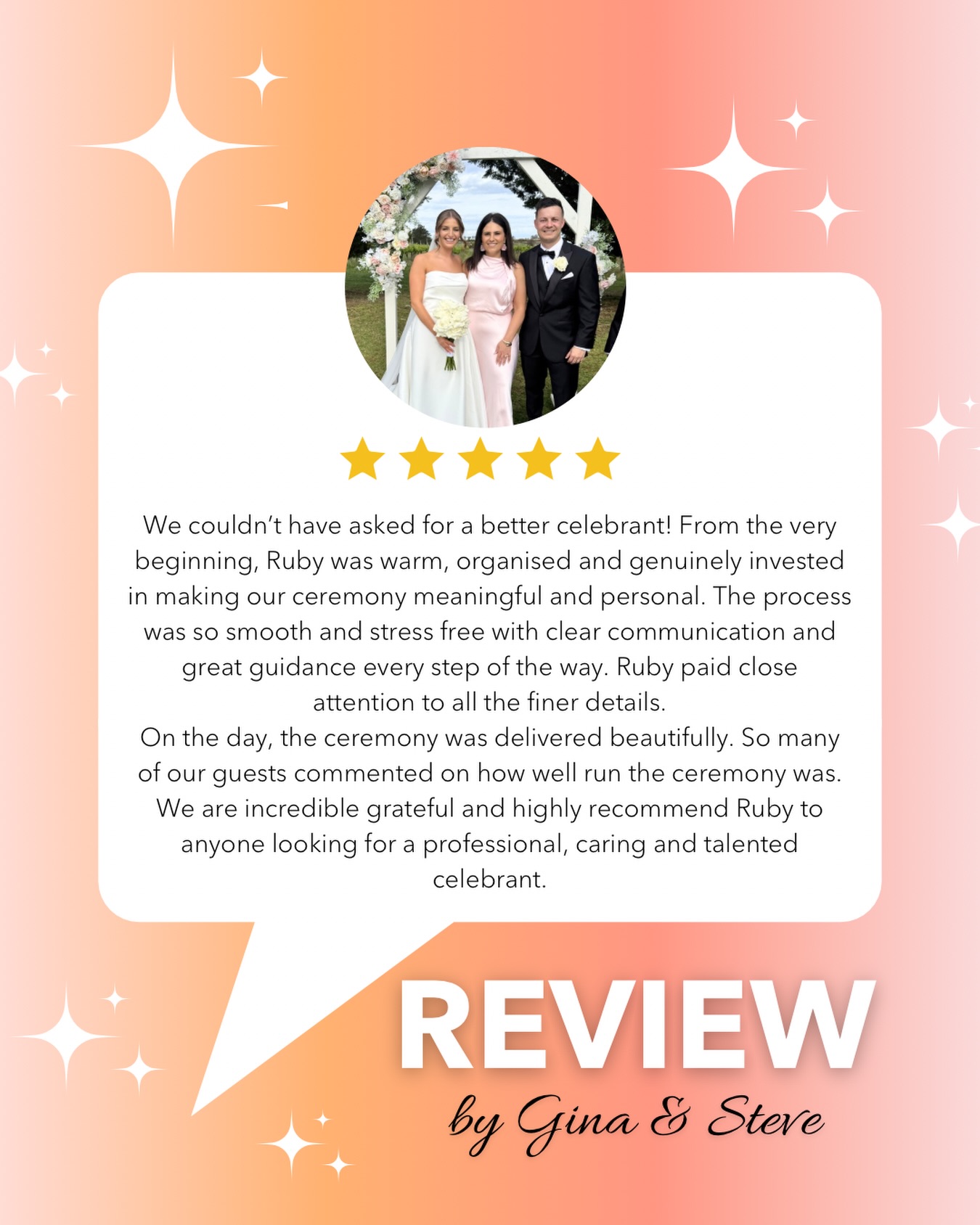 ⭐️⭐️⭐️⭐️⭐️ thank you Gina and Steve for this incredibly kind review 😊💕
#melbournecelebrant #melbournewedding