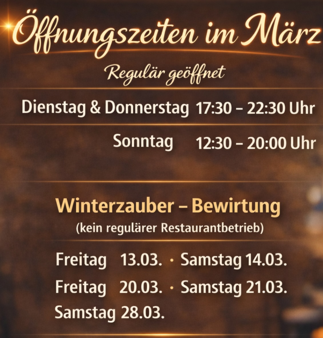 🍽️ Gemütliche Abende im März
Der März bringt wieder schöne Abende bei Stefans am Sportpark.
Ob entspanntes Essen, ein Getränk mit Freunden oder unsere Winterzauber-Bewirtung – wir freuen uns auf euch! ✨
Kommt vorbei und genießt die Zeit bei uns.
📍 Stefans am Sportpark – Clubhaus Pfinzweiler
⸻
#stefansamsportpark #pfinzweiler
#enzkreis #essenundtrinken #restaurantliebe