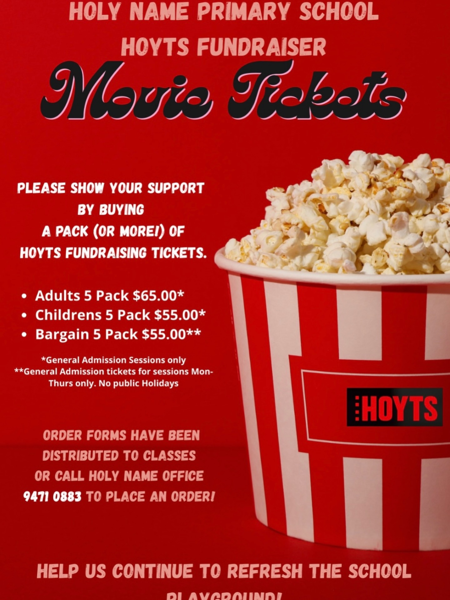 Calling all movie lovers! Time to get organised for the Easter school holidays and purchase cheap Hoyts movie tickets today!
The P&F are fundraising to help continue upgrades to the school playground- please help support their fundraising efforts and take advantage of some cheap movie tickets! 🍿 🎥
Order forms have been sent out via the school or call the office to order your tickets 🎫
ORDERS CLOSE 18th MARCH!