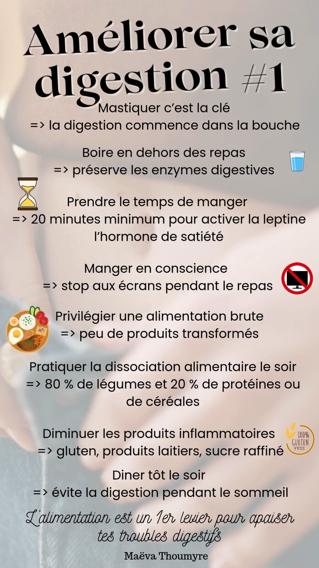 Ballonnements, constipation, douleurs digestives, reflux... il y a déjà plein de petites choses à mettre en place pour améliorer sa digestion dès le repas #troublesdigestifs #naturopathedeuxsevres #alimentationnaturo :
➡️Mastiquer : c'est la base, sans cela votre digestion sera toujours perturbé.
Prendre le temps de manger pour synthétiser la leptine (l'hormone de satiété qui dit à votre corps, c'est bon merci j'ai assez mangé)
➡️Privilégier des produits bruts et de saison 🥦🥝🍋. La nature nous apporte tout ce dont notre corps à besoin en fonction des saisons.
➡️Eviter les aliments ultra transformés et j'irai même plus loin en les supprimant totalement si c'est possible. Ces aliments ne nous nourrissent pas, ils nous empoisonnent ! Il vaut mieux manger des légumes surgelés qu'un plat ultra transformé ! et niveau prix je pense que les légumes seront plus abordables !
➡️Diminuer la consommation de produits inflammatoires. Privilégier des céréales comme le quinoa, sarrasin, petit épeautre, millet, sorgo... et des produits laitiers de brebis ou chèvre qui se digèrent beaucoup mieux
➡️Diner le plus tôt possible le soir pour que votre digestion se fasse en dehors de votre lit
Bien sûr tous ces conseils doivent être adaptés au rythme de vie et aux habitudes de chacun. Mais rappelez vous que VOUS SEUL avez les clés pour prendre en main votre santé !
Prenez soin de vous car personne d'autre ne le fera à votre place !
✨ Je suis Maëva, Naturopathe spécialisée dans les troubles digestifs et hormonaux et je vous aide à devenir acteur/actrice de votre santé en comprenant les mécanismes de votre corps ✨