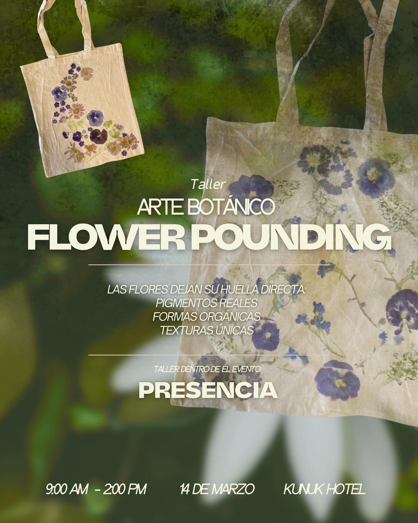 Dentro de Presencia vivirás el arte botánico del Flower Pounding: una práctica creativa donde las flores liberan sus pigmentos naturales y se transforman en arte sobre tela.
El taller incluye todos los materiales, guía durante la experiencia y los espacios del encuentro.
📍 Hotel Kunuk, Mérida
🗓 14 de marzo
⏰ 9:00 a.m. – 2:00 p.m.
Cupo limitado.
Reserva tu lugar por mensaje directo. 🌿