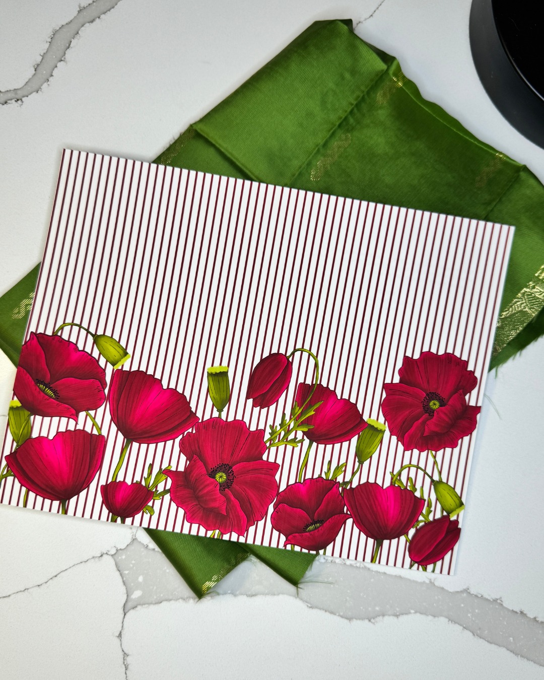 More bookmaking goodness in the works! More silk sari remnants in a lovely gold and green. But, this time, the endpapers are my original design, which I'm calling "Poppies on Parade."
Fun fact … I happened to be in Kansas City yesterday and stumbled upon a lovely gift shop with jewelry for every birth-month flower. Color me happily surprised to find out that the poppy is my month's flower. That must be why I am so drawn to them 😉 (pun intended).
Sidenote: How obvious is it that I love bold, vibrant color?! There is no hiding that I am a maximalist!
#fountainpenfriendly #fountainpenpaper #fountainpencommunity #luxurystationery #handmadejournal
#TwistedVintage