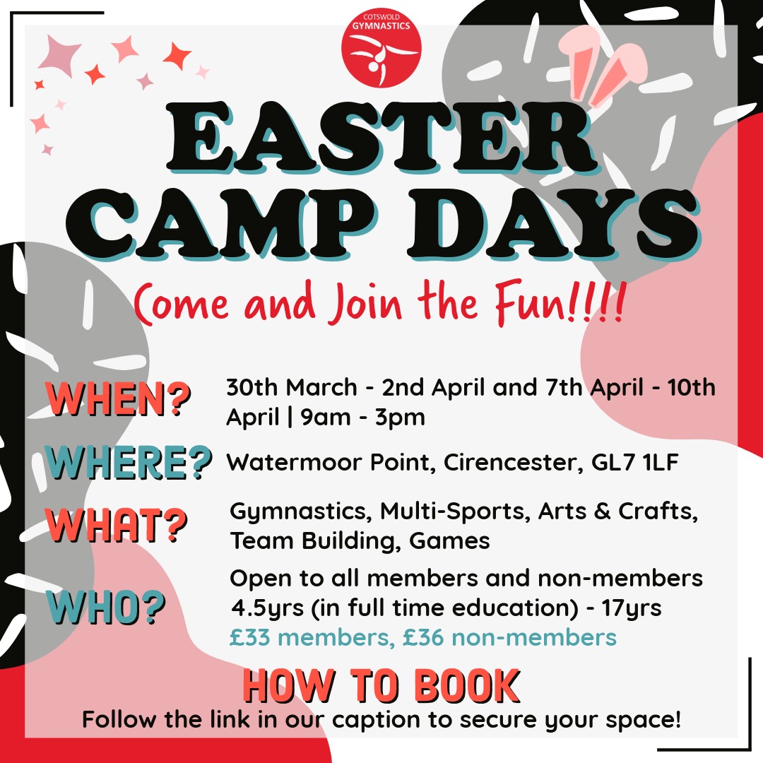 There are still spaces on our Easter Camp Days. Follow the link in our bio to secure your space ✨
If you have any questions, please don't hesitate to contact us! All details listed below 👇
✉admin@cotswoldgymnastics.co.uk
💻www.cotswoldgymnastics.co.uk
----------------------------------------
#cotswoldgymnasticsclub #cotswoldgymclub #gymnastics #cirencester #ciren #cirencesterclubs #thingstodoincirencester #thingstodoinciren #cirencesterlife #cirencesterbusiness #cirencesterrocks #cirencestermums #cirencestertown #cirencesterlocals #cirencesterevents #newclass #newevent #gloucestershire #gloucester #gloucestershirelife #gloucstershireevents #cotswolds #cotswoldslife #thecotswolds #cotswoldsevents #discovercotswolds #kidsactıvıtıes
