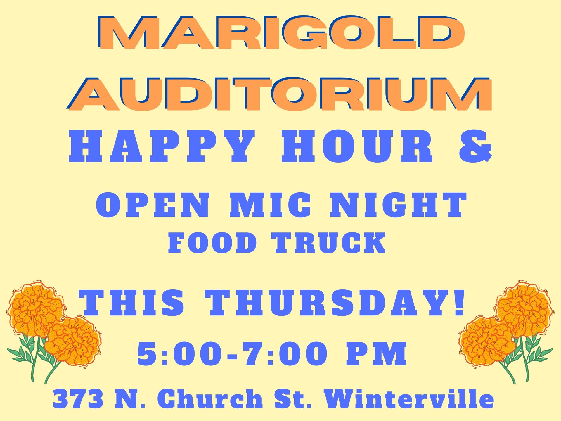 Join us this Thursday, 3/12, from 5-7p.m. at the Marigold Auditorium for our 2nd Thursday Happy Hour!
Enjoy The Black Cat Smokehouse & Joemaican Joe's Delicious Dips Food Truck, with BBQ Sandwiches, Burgers & Hot Dogs, along with custom crafted Shrimp, Smoked Salmon, Dill Pickle, Sweet Jalapeno & S'mores!