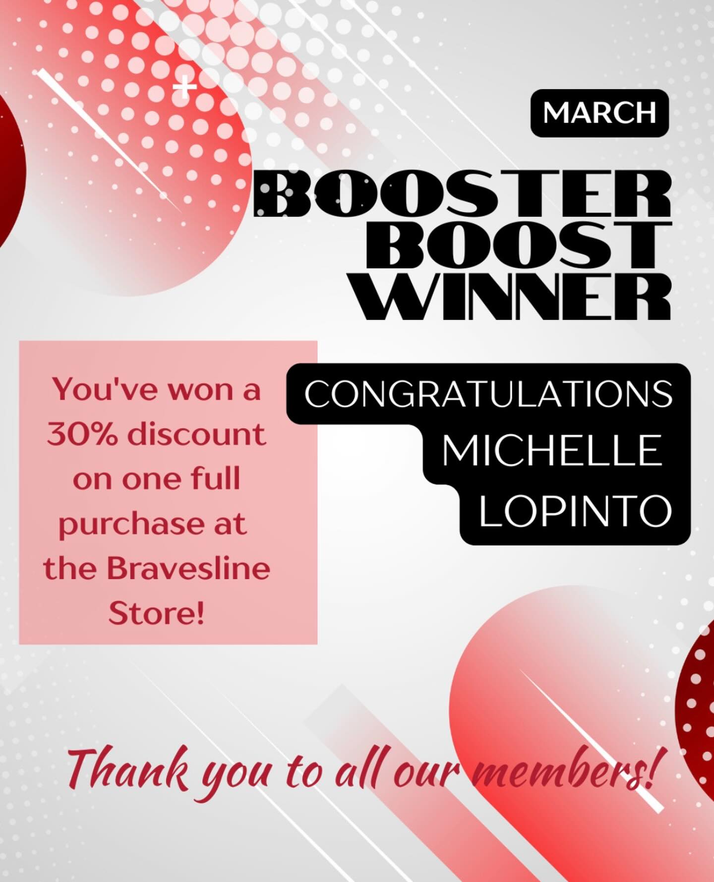 CONGRATULATIONS MICHELLE LOPINTO 🎉. Thank you for being an IH Booster Member and supporting arts, athletics, and activities throughout the Indian Hill School District.
You’ve won a 30% discount on one full purchase at the Bravesline Store!
Show your winning email when you visit the store to redeem your discount.