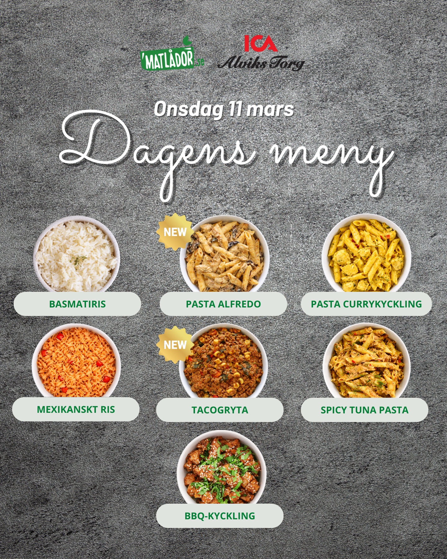 DAGENS MENY! 🧑🏼🍳 Idag kan du plocka följande matlådor i LÖSVIKT hos ICA Alvikstorg👇🏼
Idag inkluderar menyn även våra två NYHETER: Pasta Alfredo & Tacogrytan 😍🥳
Ännu finns det en chans att vara med och tävla:
✅ De tre personer som skapar bäst TikTok videos under eventet vinner 20 matlådor
SKYNDA HIT! 💥💥💥 Vi är på plats mellan 11-14 - och sista dagen är idag!😱
Välkommen till ICA Alvikstorg, Gustavslundsvägen i Bromma 💚
-
#matlåda #mat #meny