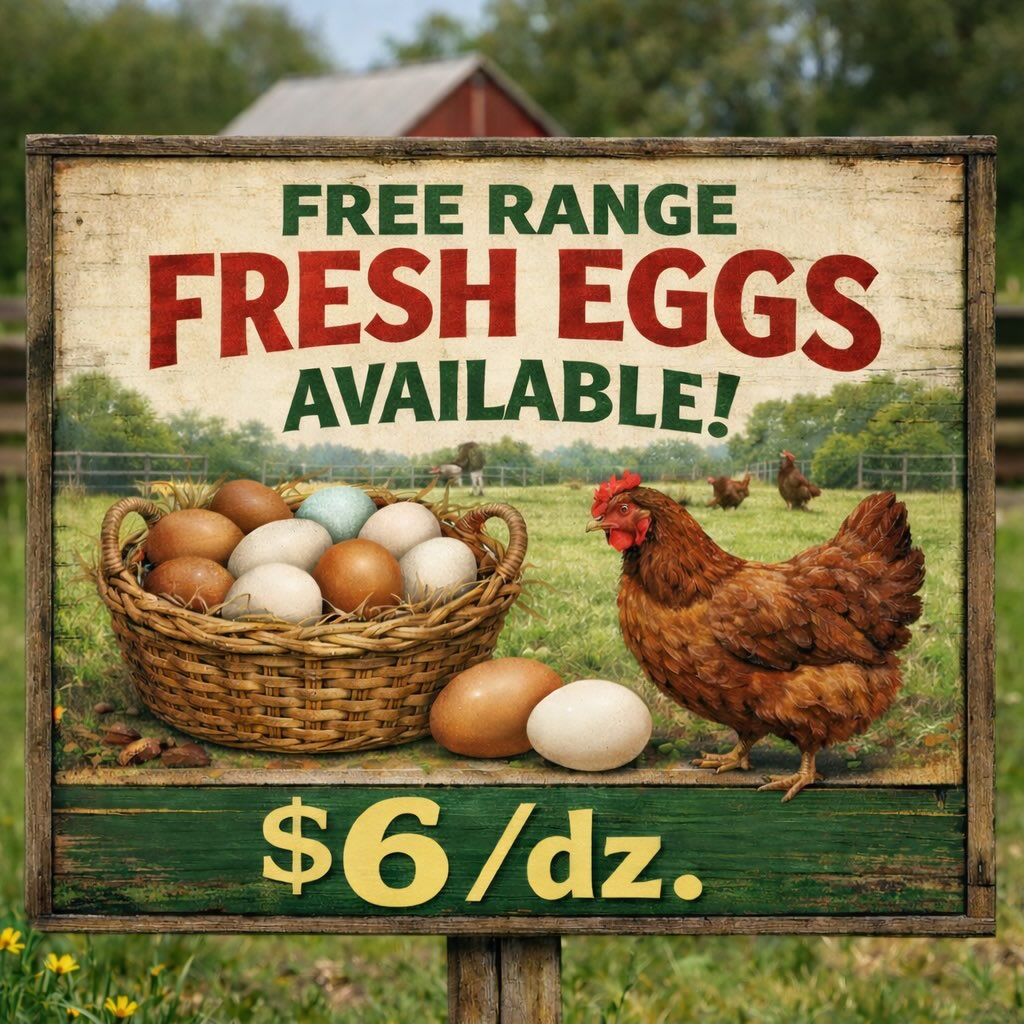Eggs available for pickup at the farm.