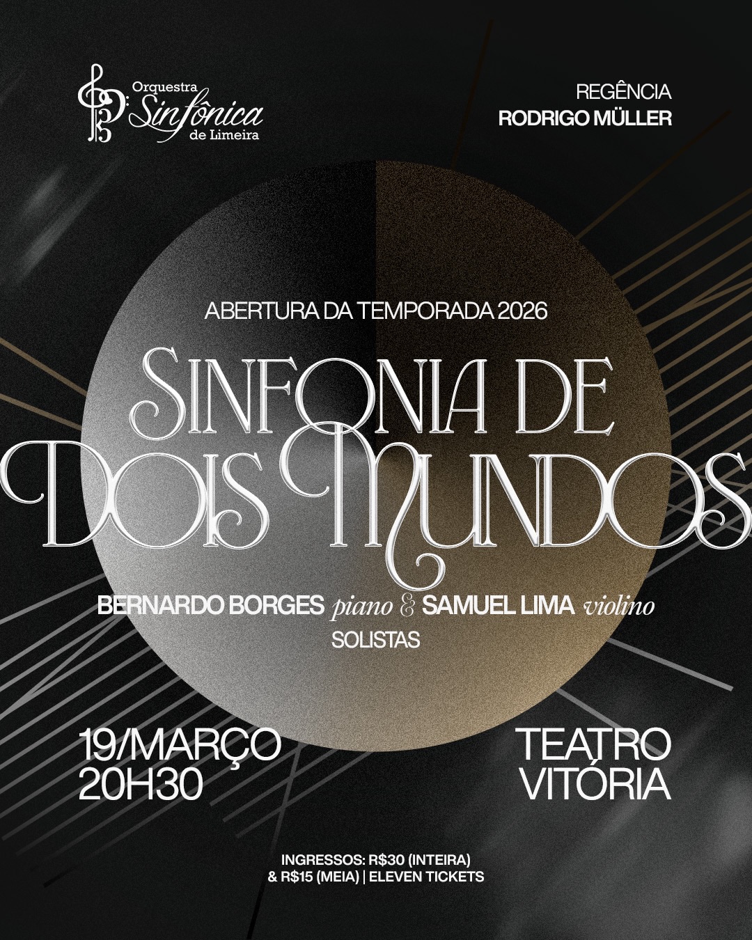 A Orquestra Sinfônica de Limeira (OSLI) abre sua temporada de 2026 com o concerto “Sinfonia de Dois Mundos”, sob regência do maestro Rodrigo Müller. O programa propõe um diálogo entre a tradição sinfônica europeia e a música brasileira.
O programa inclui a abertura da ópera “Fosca”, de Carlos Gomes, seguida pelo Concerto nº 2 para Piano, de Saint-Saëns, composto em 1868 e conhecido por sua virtuosidade e intensidade expressiva. A noite também traz Dança Macabra (1874), poema sinfônico célebre por sua atmosfera dramática e pela evocação musical da dança da morte.
Encerrando, a orquestra interpreta Congada, de Francisco Mignone, obra inspirada na Congada (ou Congado), manifestação cultural afro-brasileira que reúne música, dança e teatro para celebrar a fé, homenagear ancestrais e coroar simbolicamente os reis do Congo.
O concerto contará com a participação do pianista Bernardo Borges como solista e do violinista Samuel Lima.
Bernardo Borges iniciou sua formação musical ainda na infância, em uma família de músicos. Foi premiado em concursos nacionais e internacionais, entre eles o 3º lugar no Concurso Internacional de Piano do Centro Franz Liszt, na Espanha, o 1º lugar no Concurso Nacional de Piano da Escola Pró-Música de Campinas e o 2º lugar no I Concurso Nacional de Piano Yamaha.
Samuel Lima iniciou seus estudos musicais aos nove anos de idade. Formou-se pela Escola Municipal de Música de São Paulo e pela Universidade de São Paulo (USP). Atuou como solista e spalla em diversas orquestras brasileiras e participou de festivais no Brasil e no exterior, como o Festival de Campos do Jordão. Atualmente é chefe de naipe da Orquestra Sinfônica Municipal de Campinas e spalla das Orquestras Sinfônicas de Piracicaba e de Limeira.
A apresentação acontece no dia 19 de março, às 20h30, no Teatro Vitória, em Limeira. Os ingressos custam R$ 30 (inteira) e R$ 15 (meia) e podem ser adquiridos na bilheteria do Teatro Vitória.
Realização: Sociedade Pró-Sinfônica de Limeira (SPSL). Patrocínio Ouro: Tate&Lyle. Patrocínio Prata: Unimed Limeira. Apoio cultural: Artisan, Picture, Peixinho e Hotel Zahara.