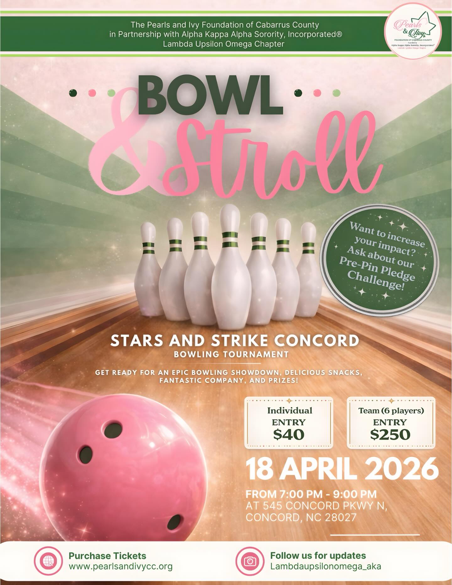 🎳 Ready to roll?
Join us for BOWL & STROLL – a night of bowling, prizes, and community impact!
📅 April 18, 2026
⏰ 7PM–9PM
📍 Stars and Strikes – Concord
💚 $40 Individual
💚 $250 Team (6 players)
🎟️ Get your tickets: www.pearlsandivycc.org
✨ Ask about our Pre-Pin Pledge Challenge!
#BowlAndStroll #FundraiserEvent #AKAEvents #StrikeForACause #concordnc