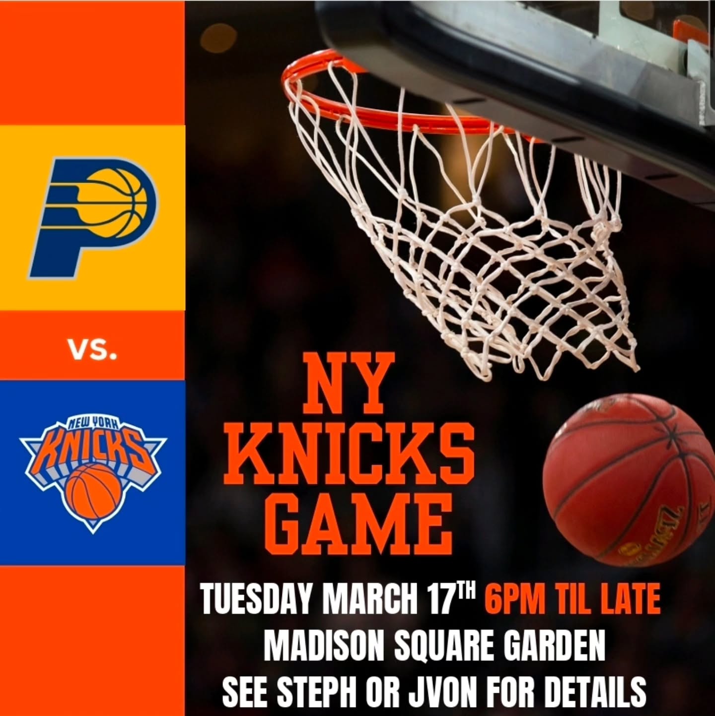 Hey Forsyth. We have tickets to a New York Knicks game next Tuesday night. To be eligible to attend, you must have good attendance and good grades. For more specific information on the eligibility requirements and if you are interested in going, see Stephanie or Jvon.
#knicks #gonygonygo #forsyth #beatindiana #schooltrip