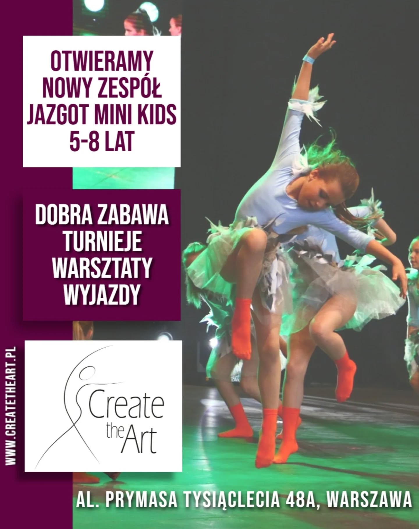 💃 Nabór do zespołu Jazgot Mini Kids! 💃
Zapraszamy dzieci w wieku 5–8 lat do dołączenia do zespołu Jazgot Mini Kids!
To świetna okazja, aby rozwijać pasję do tańca, ruchu i występów na scenie w radosnej atmosferze.
📅 Nabór trwa do 15 marca!
Jeśli Twoje dziecko lubi tańczyć, muzykę i dobrą zabawę – zapraszamy do naszego zespołu! ✨
🕺 Zajęcia: wtorek i czwartek
⏰ Godzina: 17:30–18:30
ZAPISY https://www.createtheart.pl/service-page/jazgot-mini-kids-1
