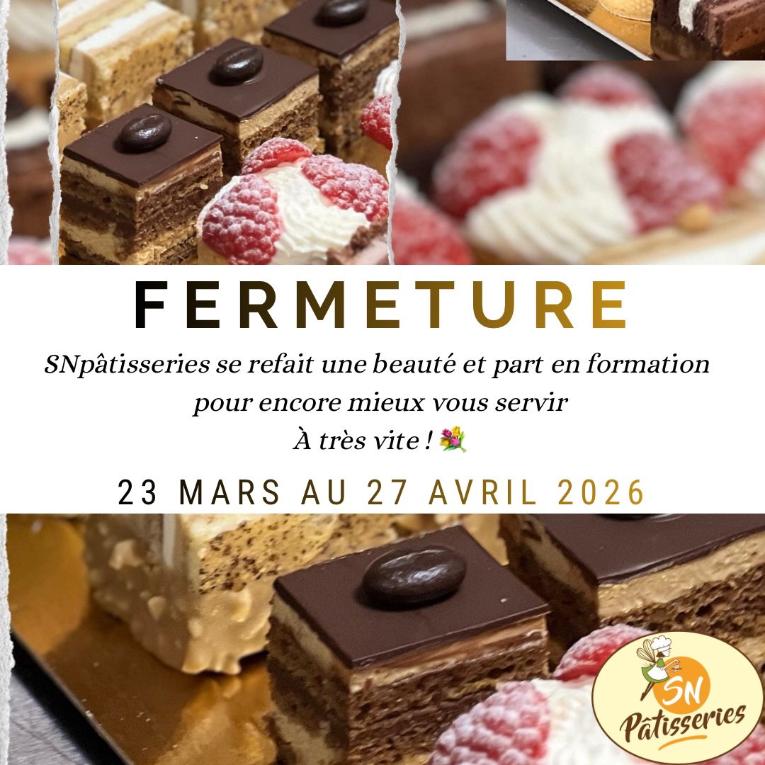 Attention : Fermeture du 23 mars au 27 avril 2026 pour encore mieux vous servir !
Quoi ?? Plus d’un mois ?? Oui il faut bien cela pour que SNpâtisseries se refasse une beauté et que sa chef puisse s’éclater en formation auprès d’un grand chef pâtissier. … ne vous inquiétez pas, je ne reste pas loin 😉 et plein plein de jolies choses se préparent….
Pendant cette période, je resterai à votre disposition pour devis, commandes et événements en cours de finalisation
On se retrouve très vite pour de superbes réalisations
Hâte de vous parler des nouveautés 😊💐☺️
#snpatisseries #charentemaritime #pâtisserie #wedding