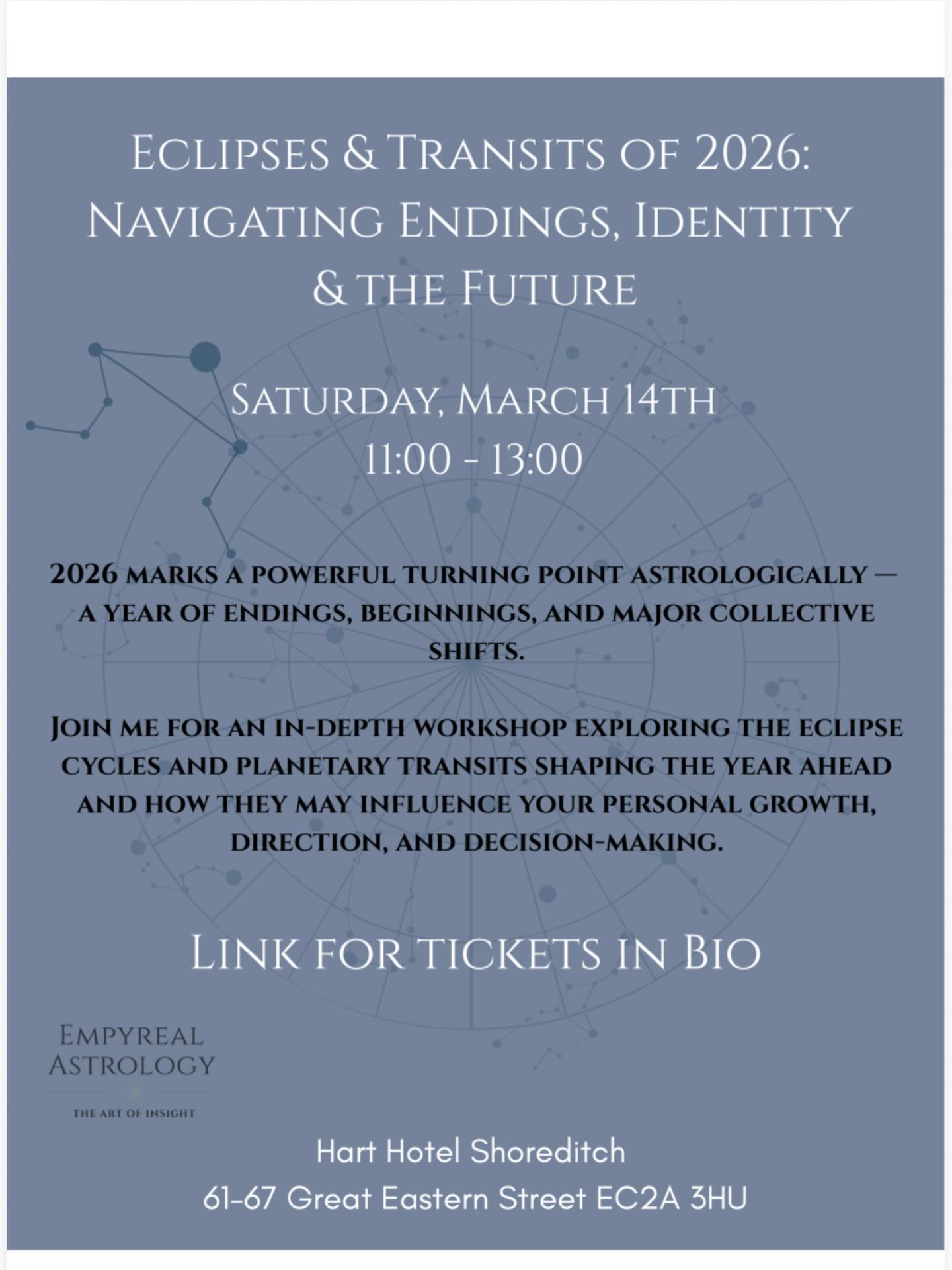 Don’t miss this informative and interactive workshop explaining the eclipses and the major transits for 2026! ✨✨
Link in bio for tickets - limited spaces left
@hartshoreditch