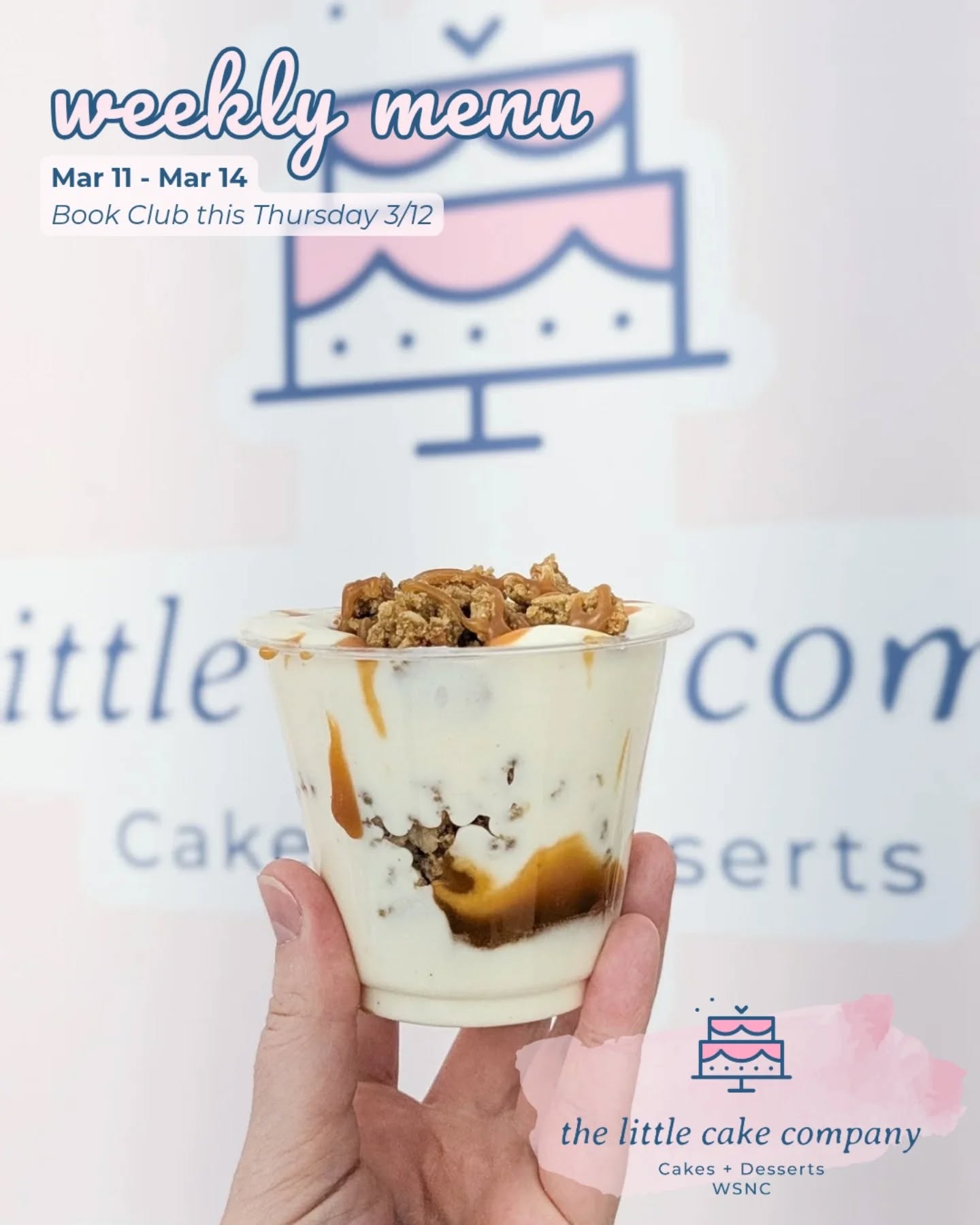 Happy Wednesday! Here's the menu for this week 🎉
✨ We have a limited supply of Caramel Oatmeal Cookie Parfaits this week! Oatmeal cookie crumbles, salted caramel, and vanilla bean pastry cream
📚 Book Club is this Thursday 3/12 at 6 pm! We're discussing The Pull of the Stars by Emma Donoghue this month
