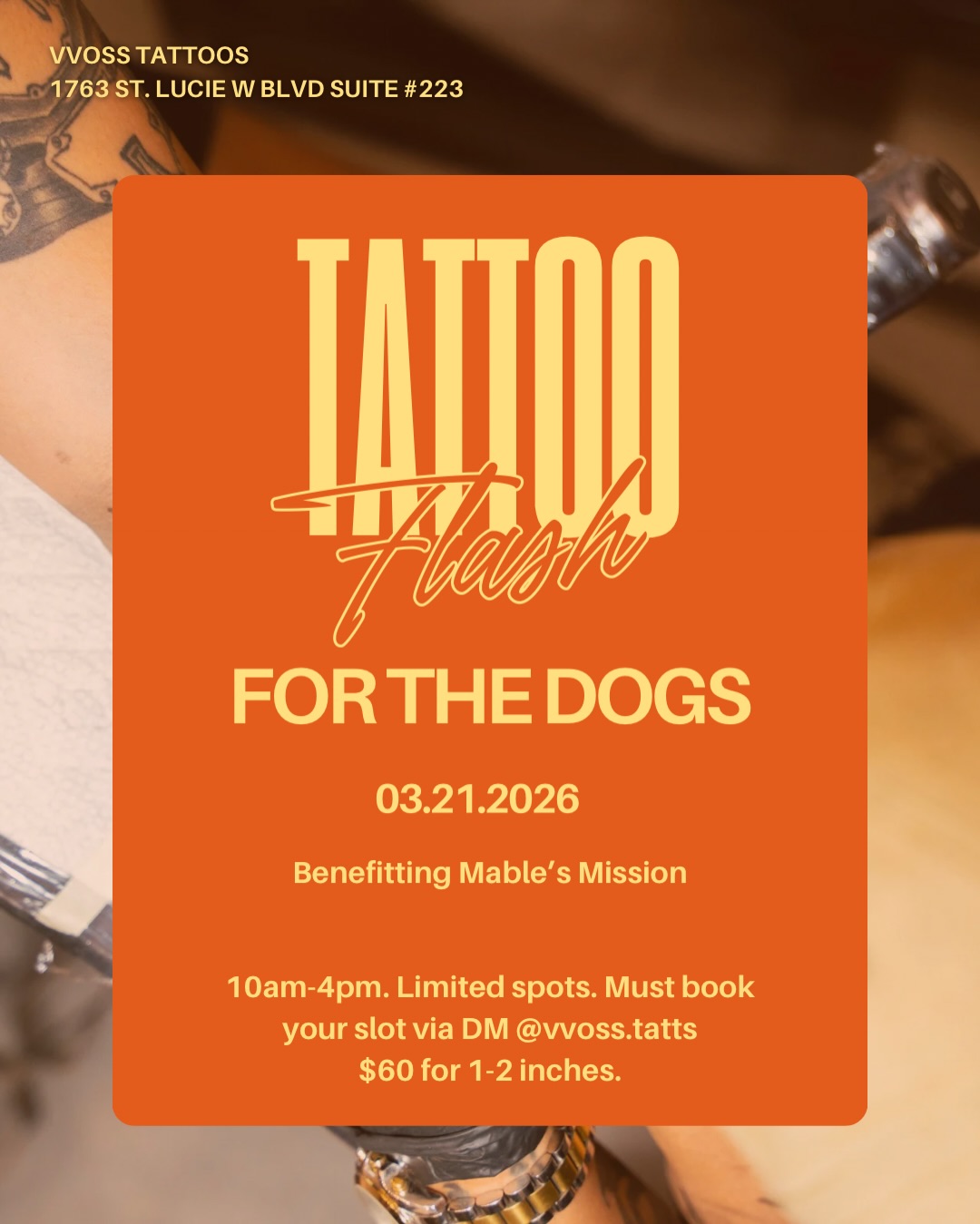 UPDATE! 3/21 BOOKED but we added another date to the event! Bookings open for 4/3. DM @vvoss.tatts to lock in your session!
Weāve partnered with the amazing @vvoss.tatts for a fun Flash Tattoo fundraiser!š„³
Get a small flash tattoo (1-2 inches) for $60, and help us continue giving dogs a second chance at life!
š 1763 St. Lucie W Blvd Suite #223
ā° 10am-4pm (30 min slots)
š© Spots are limited so DM @vvoss.tatts to book ASAP
Every tattoo helps us keep saying yes to dogs that need us most!
#pslevent #tattooforacause #dogrescue #stluciecounty
