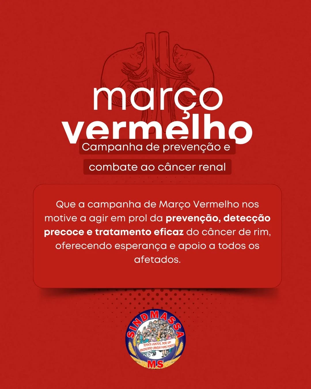 Março chegou e com ele um alerta vital para toda a nossa categoria: a campanha Março Vermelho e Azul-Marinho. 🩸💙
Cuidar da saúde é, acima de tudo, um ato de amor-próprio e com quem você ama.
O SINDMASSA MS reforça que a prevenção é o melhor caminho.
O câncer renal e o colorretal podem ser silenciosos, mas o diagnóstico precoce salva vidas!
✅ Fique atento aos sinais:
Mantenha seus exames de rotina em dia.
Pratique atividades físicas regularmente.
Adote uma alimentação equilibrada.
Não deixe para amanhã o cuidado que você pode ter hoje.
Sua saúde é seu maior patrimônio!
#SINDMASSAMS #MarçoVermelho #MarçoAzulMarinho #SaúdeDoTrabalhador #Prevenção CâncerRenal CâncerColorretal Conscientização TrabalhadorSaudável