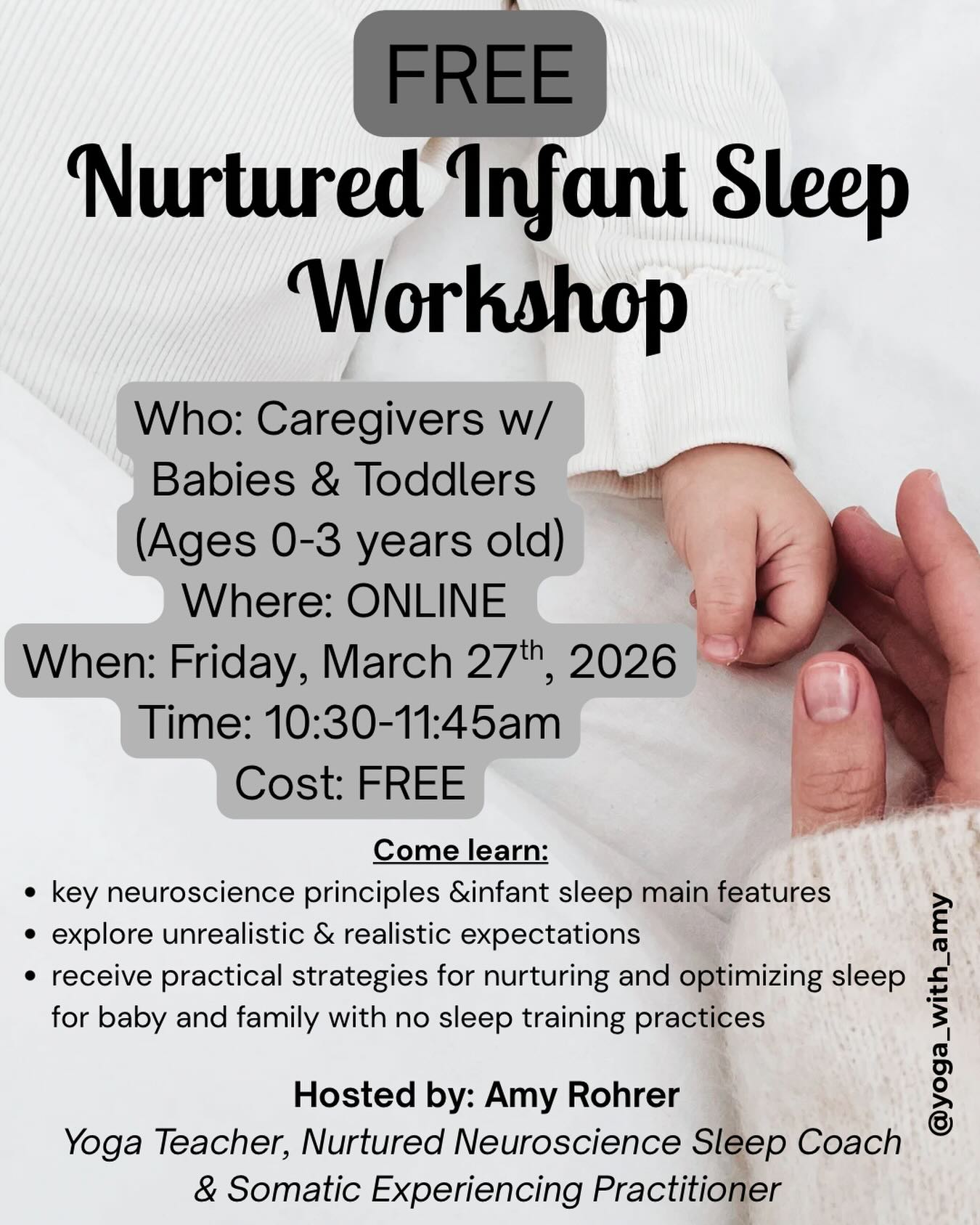 LET’s TALK SLEEP 💬 ☁️ 💤 Feeling overwhelmed by all the advice out there for your little one? I remember those days, and having to find what worked for our family, and for awhile we were in the thick of it with a little one who needed a lot of support around sleep. Thankfully, it got easier with support for US as parents- once we learned what was biologically normal, and what could still be optimized, the pressure lifted and it all just improved slowly from there.
And this is why I’m so passionate about supporting parents during these first 3 years of your little one’s sleep journey. So You’re not alone — and you don’t have to figure it out by yourself! 💛
Join me, Amy Rohrer (Nurtured Neuroscience Practitioner, Yoga Teacher + Gentle Sleep Guide) for an empowering & research-informed hour dedicated to helping you understand and support your baby’s sleep — without sleep training, shame, or unrealistic expectations.
🧠 Nurtured Infant Sleep Workshop
📅 Friday March 27th
🕚 10:30-11:45 am EST
💻 On Zoom
👶 For caregivers with babies to toddlers (0–3 years)
💸 FREE
In just 1 hour, you’ll:
🌙 Learn the neuroscience behind infant sleep
🛌 Explore how infant sleep architecture is unique to adult sleep
🤱 Receive practical, nurturing strategies that support both your baby and your nervous system
Let’s reframe sleep with science, compassion, and community. You deserve rest too mama!! And you deserve to feel empowered around your families sleep💫
📩 DM me “SLEEP” or head to the link in bio to register!
#nurturedsleep #infantsleep #babysleephelp #attachmentparenting #gentlesleepcoach