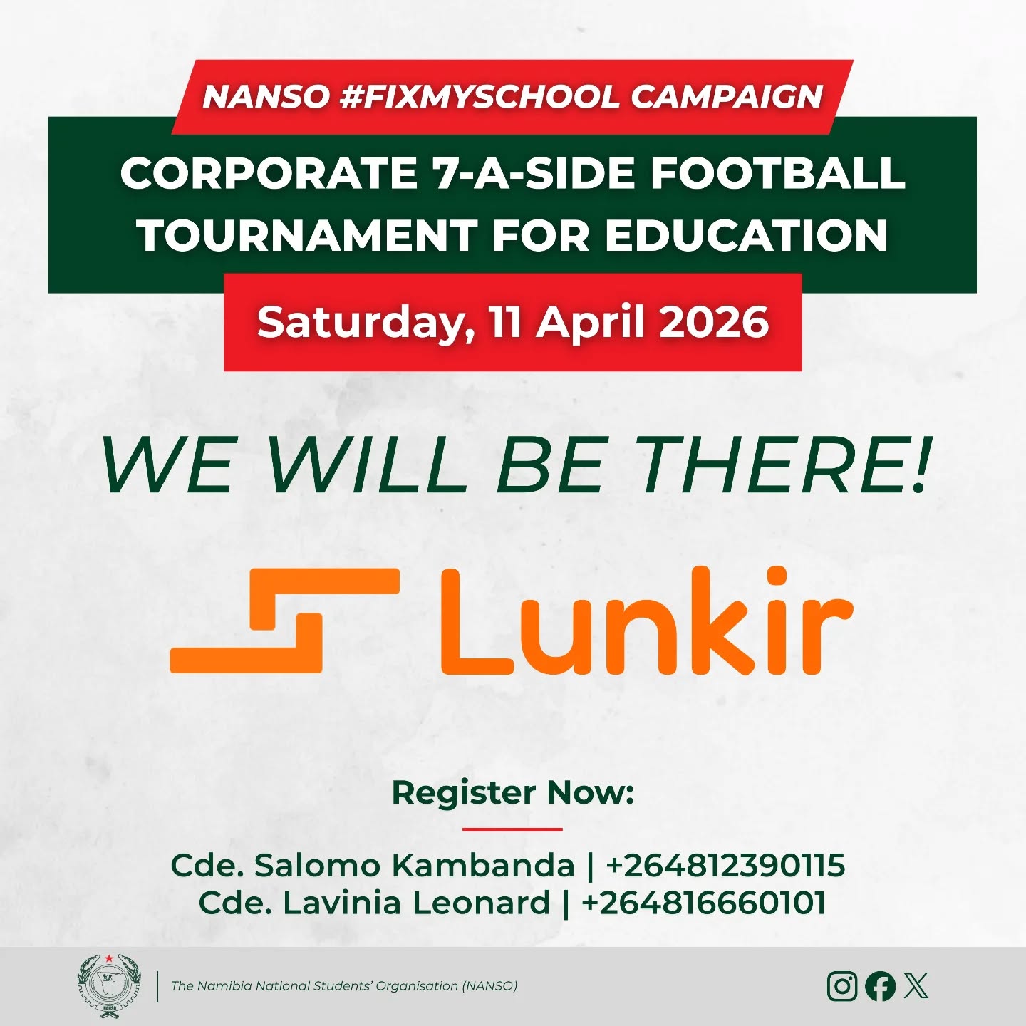We are proud to announce that Lunkir, a Namibian financial technology startup, has officially registered for the "Fix My School" 7-A-Side Tournament.
From digital innovation to physical transformation, Lunkir is proving that when Namibian companies lead, our Learners win. By stepping off the screens and onto the field, they are directly ensuring that no child in Namibia has to learn while sitting on the floor.πβπΎ
