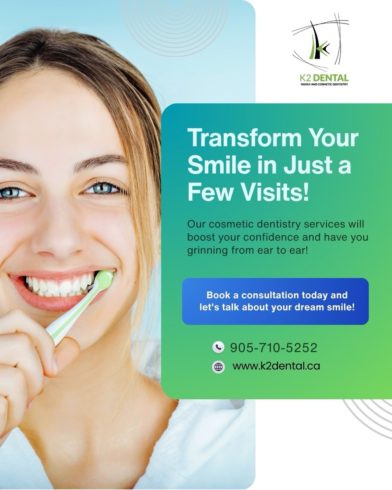 Your smile is one of the first things people notice. 💚
At K2 Dental, we help you achieve a brighter, more confident smile with advanced cosmetic dentistry often in just a few visits.
Whether you’re looking to whiten, reshape, or completely transform your smile, our team is here to guide you every step of the way.
📅 Book your consultation today and start your smile transformation.
📞 905-710-5252
🌐 www.k2dental.ca
#CosmeticDentistry #SmileTransformation #HealthySmile #K2Dental #DentalCare