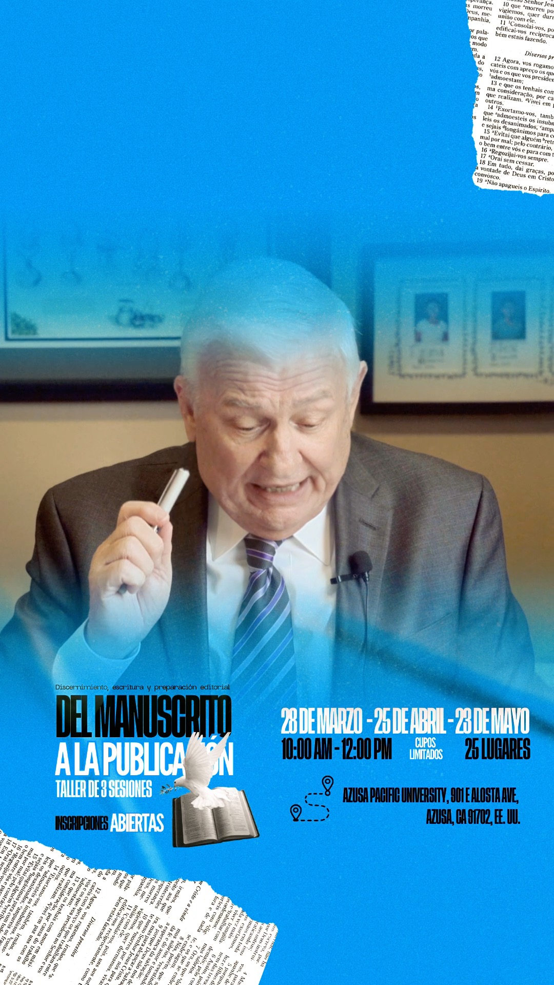 ¿Sientes el llamado a escribir pero no sabes por dónde empezar el camino hacia la publicación? 🤔✨
El Dr. Enrique Zone te invita a participar en un taller exclusivo de 3 sesiones diseñado para guiarte en cada paso del proceso editorial. Es el momento de que tu mensaje trascienda y se convierta en una herramienta de bendición.
🗓️ ¿Cuándo nos vemos?
28 de Marzo
25 de Abril
25 de Mayo
Horario: 10:00 AM — 12:00 PM
MODALIDAD PRESENCIAL Y ONLINE
📍 Lugar: Azusa Pacific University, 901 E. Alosta Ave, Azusa, CA 91702, EE. UU.
⚠️ ¡IMPORTANTE!
El cupo es limitado a solo 25 lugares. Las inscripciones ya están abiertas y las solicitudes están llegando rápidamente. ¡No pierdas la oportunidad de asegurar tu espacio en este taller increíble!
CTA:
📩 ¡Inscríbete hoy mismo! Deja un comentario con la palabra "ESCRIBIR" o envíanos un mensaje directo para recibir toda la información y el link de inscripción.
#TallerDeEscritura #DelManuscritoALaPublicacion #DrEnriqueZone #AzusaPacific #EscrituraCreativa #LegadoEterno #PublicaciónCristiana