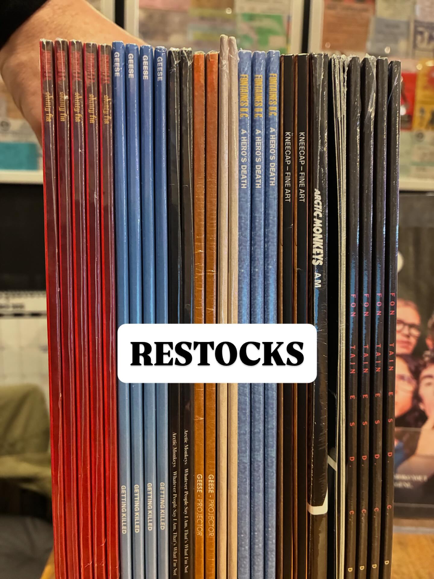 Some old favourites are back in stock. @fontainesband @geesebandnyc @bjork @arcticmonkeys @kneecap32 all back in the shelves…. But not for long I think!