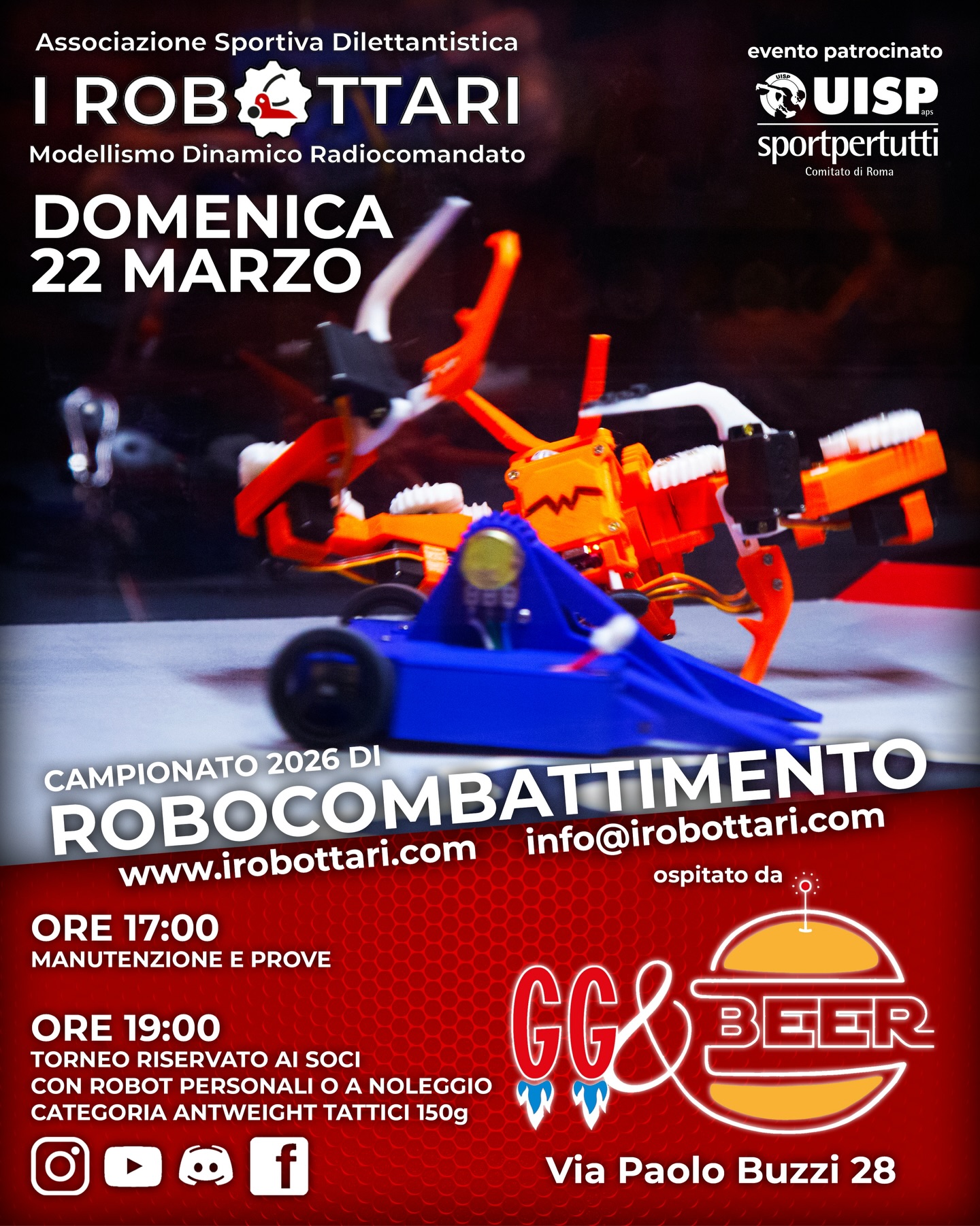Ieri sera il @ggebeer ha riaperto in grande!
E sono pronti a ospitarci tra due settimane esatte per la tappa di Marzo del Campionato Tattico 2026!
Venite ad assistere o a partecipare (ebbene sì, ci sono robot a noleggio!) a questo torneo di robocombattimento. Fino a 16 piloti si affronteranno nell’arena per portare a casa trofei, punti Energia, premi dei nostri sponsor @icivettoni e altri a sorpresa!
Sono aperte le iscrizioni, scriveteci per qualsiasi domanda e ricordatevi di contattare il locale per prenotare i posti a sedere!
#combatrobots #antweight #battlebots #italy