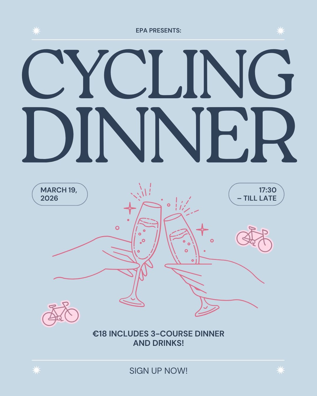 ๐ฝ๐ฒ Cycling Dinner ๐ฒ๐ฝ
A night of cycling, delicious dishes, and good company!
๐ฒ Cyclers โ cycle to 3 different homes and prepare the starter and dessert ๐ฐ
๐ Hosts โ stay at one location, prepare the main course and provide drinks ๐ฅ
A 3-course adventure you wonโt forget! ๐