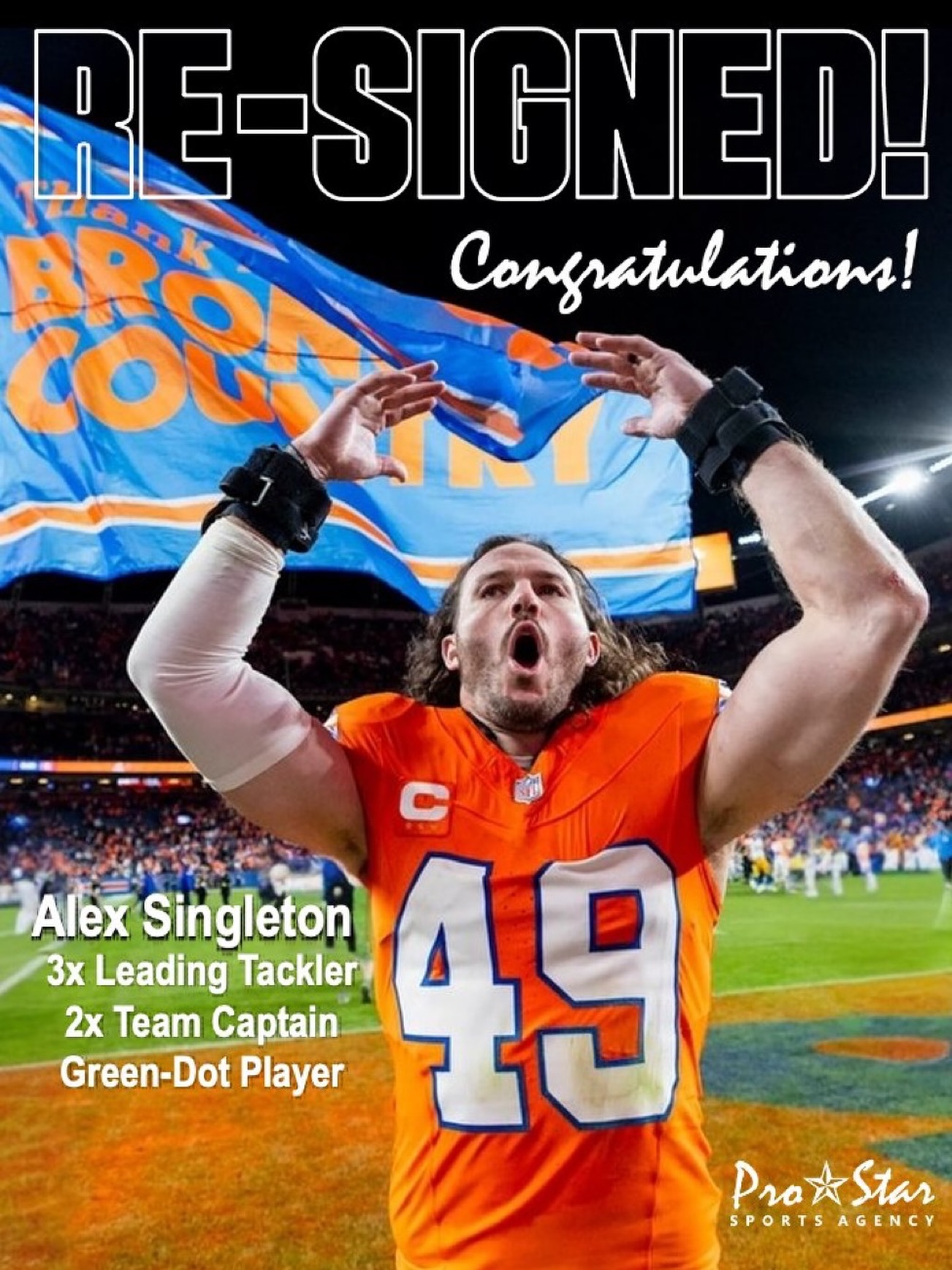Congratulations to @alexsingleton49 on re-signing with the @broncos ! He led the team in Ts 3x, set the team’s post-season single game tackle record, voted captain 2x, and his 780 Ts since 2020 rank 6th in the NFL despite missing 2024 with an ACL tear! LET’S GO! #ProStarFamily