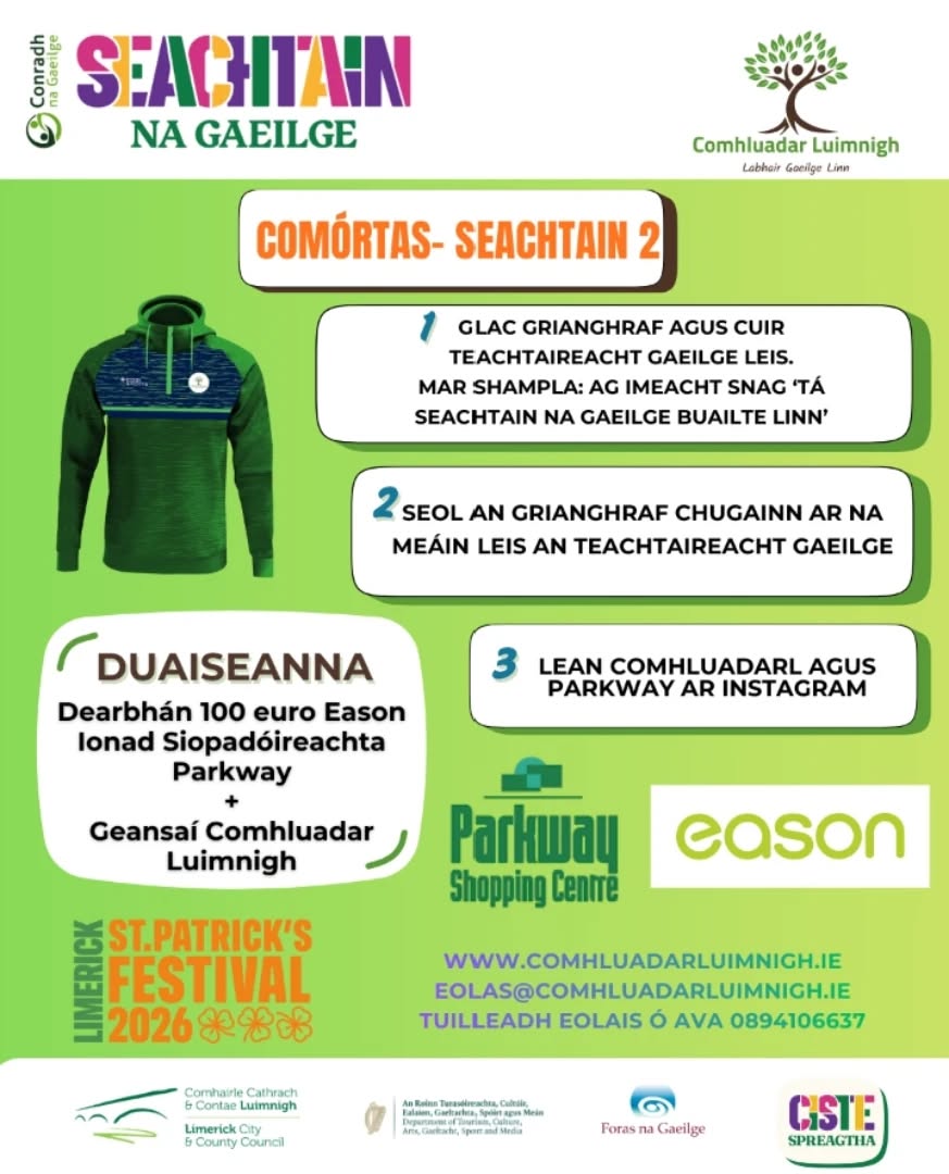 🎉 Comórtas 2 Seachtain na Gaeilge🎉
A chairde, glacaigí páirt sa chomórtas iontach seo. Ár mbuíochas le @parkwayshoppingcentre as an duais dochreidte a chur ar fáil dúinn👏🏼📚
Lean na céimeanna thuas agus roghnófar buaiteoir ar an 15 Márta ag imeacht Bealach na Páirce✨
@eason_ireland @snagaeilge @limerickcityandcountycouncil