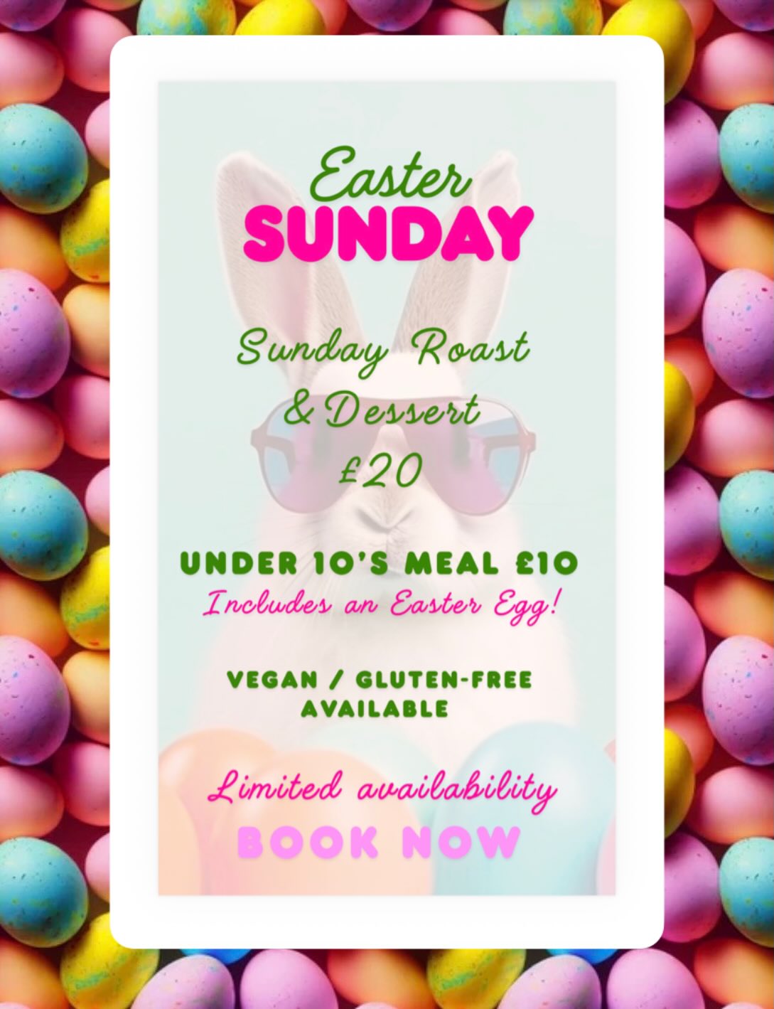 Come celebrate Easter weekend with us 🐣
Limited availability — book now!
£20?! We must be hopping mad 🐰