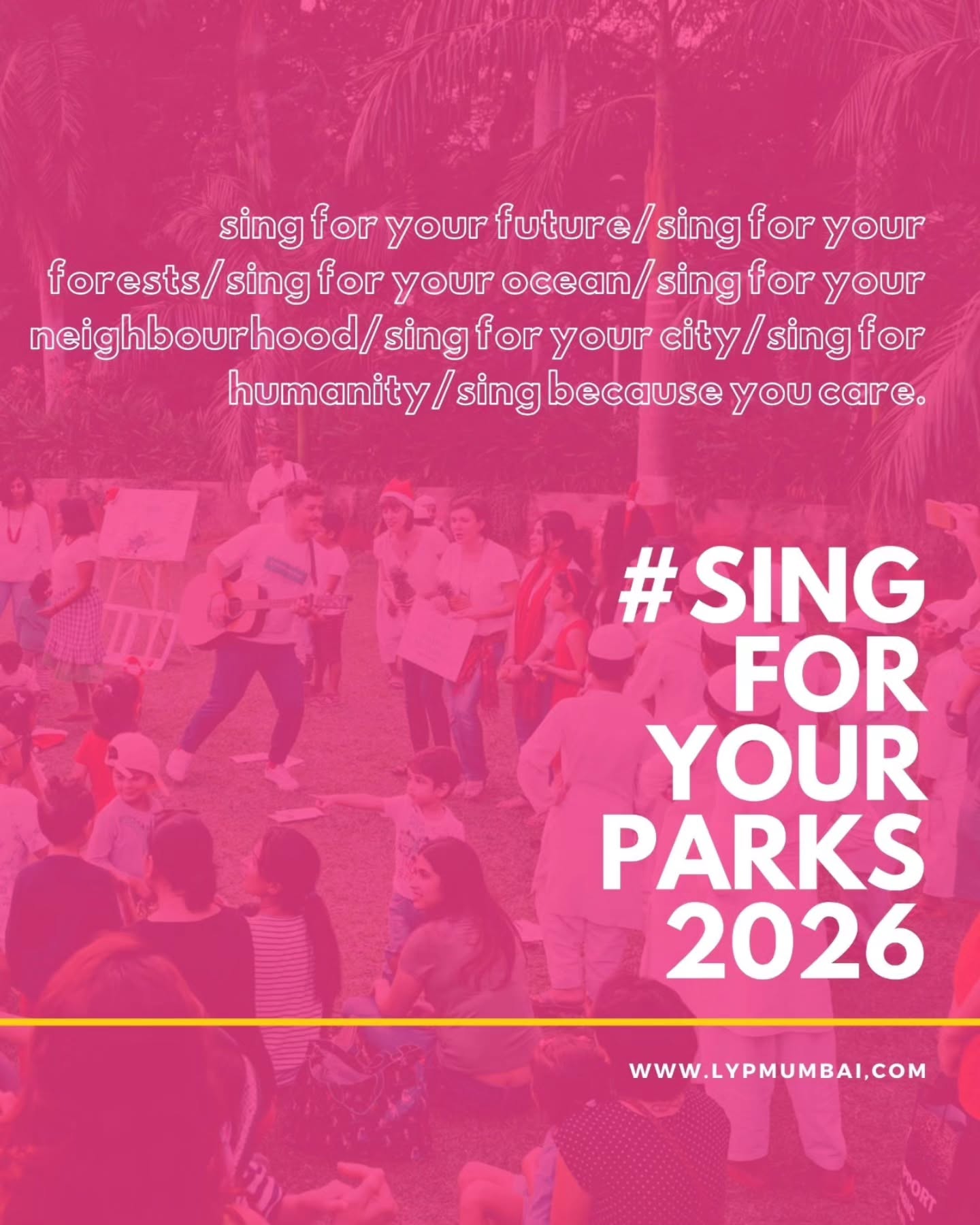 SingForYourParks is back!
LYPMumbai chorus and friends, let's go!
SAVE THE DATES:
Love Your Parks Mumbai invites you to a beautiful weekend:
SATURDAY, 14 March : Open rehearsal - community choir singing workshop Saturday morning
Free. Limited seats. More info and RSVP on www.lypmumbai.com (link in stories too)
SUNDAY, 15 March
Lots of fun for all ages, Free and open to all
Check posters for all info :)
LYPMumbai chorus brings us hope.
Choir director: Petra Misquita ft. Rising Voices
Music can change the world. And it's always better when we're together! Do you agree?
Tag someone who should sing with us!
Join us as we fill our parks with music this season!
#loveyourparksmumbai #loveyourparksdays
#singforyourparks