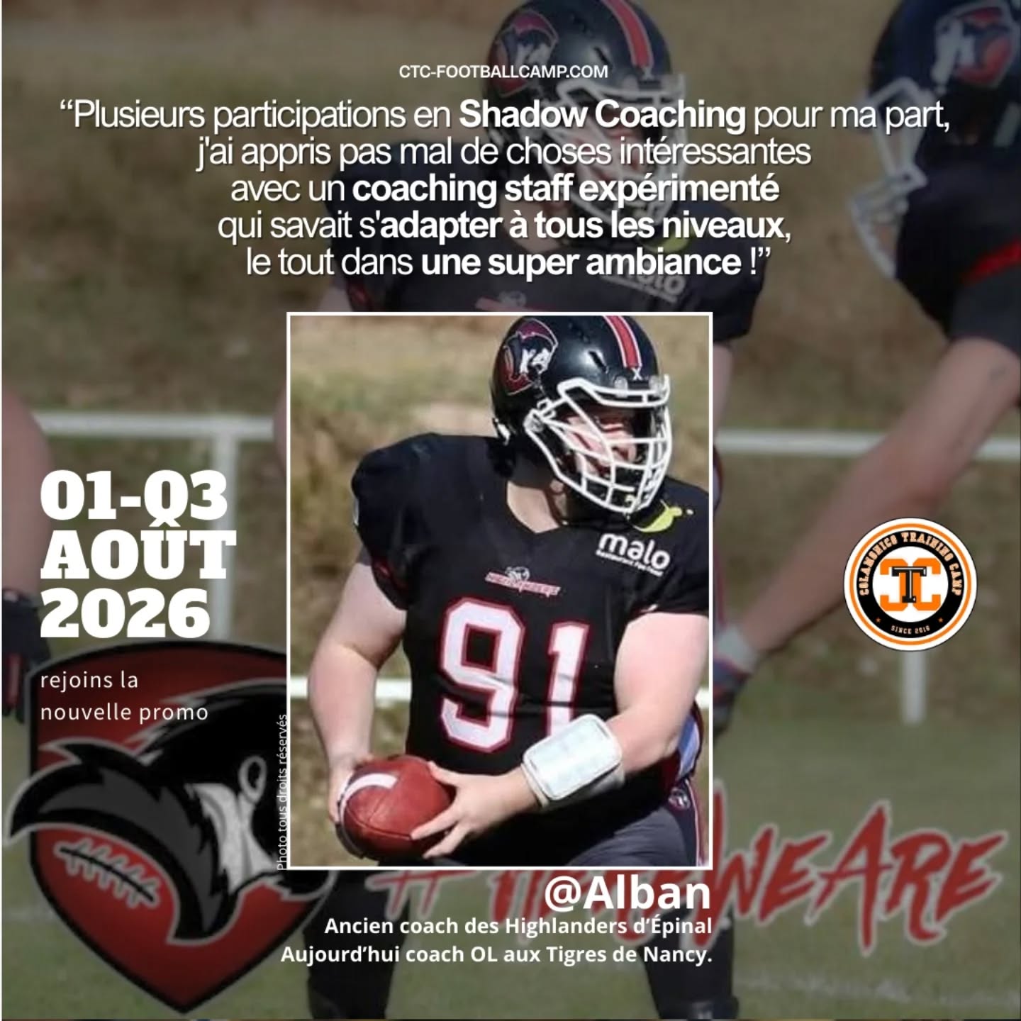 🏈 𝗥𝗘𝗧𝗢𝗨𝗥 𝗗’𝗘𝗫𝗣𝗘𝗥𝗜𝗘𝗡𝗖𝗘 CTC - Il y a quelques années, Alban était shadow coach au camp.
Aujourd’hui, il est coach aux @tigresdenancy et ancien coach aux @highlanders.epinal et transmet à son tour, sur le terrain. Son passage au CTC, il en parle encore... Et ça, c’est exactement l’esprit du camp.
Former des joueurs. Créer des coachs. Faire grandir le foot US en France. 🇫🇷🏈
💬 Si toi aussi tu es déjà passé par le CTC, raconte-nous ton souvenir du camp.
01-03 août 2026, www.ctc-footballcamp.com