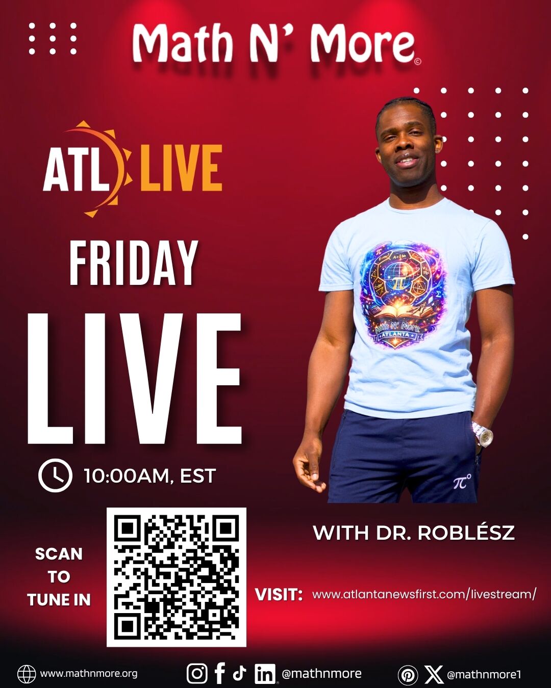We’re going LIVE in Atlanta! 🎉
This Friday at 10 AM (EST), @drroblesz joins @atlliveshow on @atlantanewsfirst to talk all things Pi Day 2026. 🥧
Tap in and watch the livestream!
📺 https://www.atlantanewsfirst.com/livestream/
#PiDay #PiDay2026 #MathNMore #STEM #MathIsEverywhere #STEMEducation