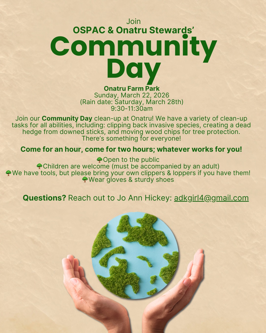 Join the Community Day clean-up at Onatru on March 22nd! We have a variety of clean-up tasks for all abilities, including: clipping back invasive species, creating a dead hedge from downed sticks, and moving wood chips for tree protection. Thereโs something for everyone!