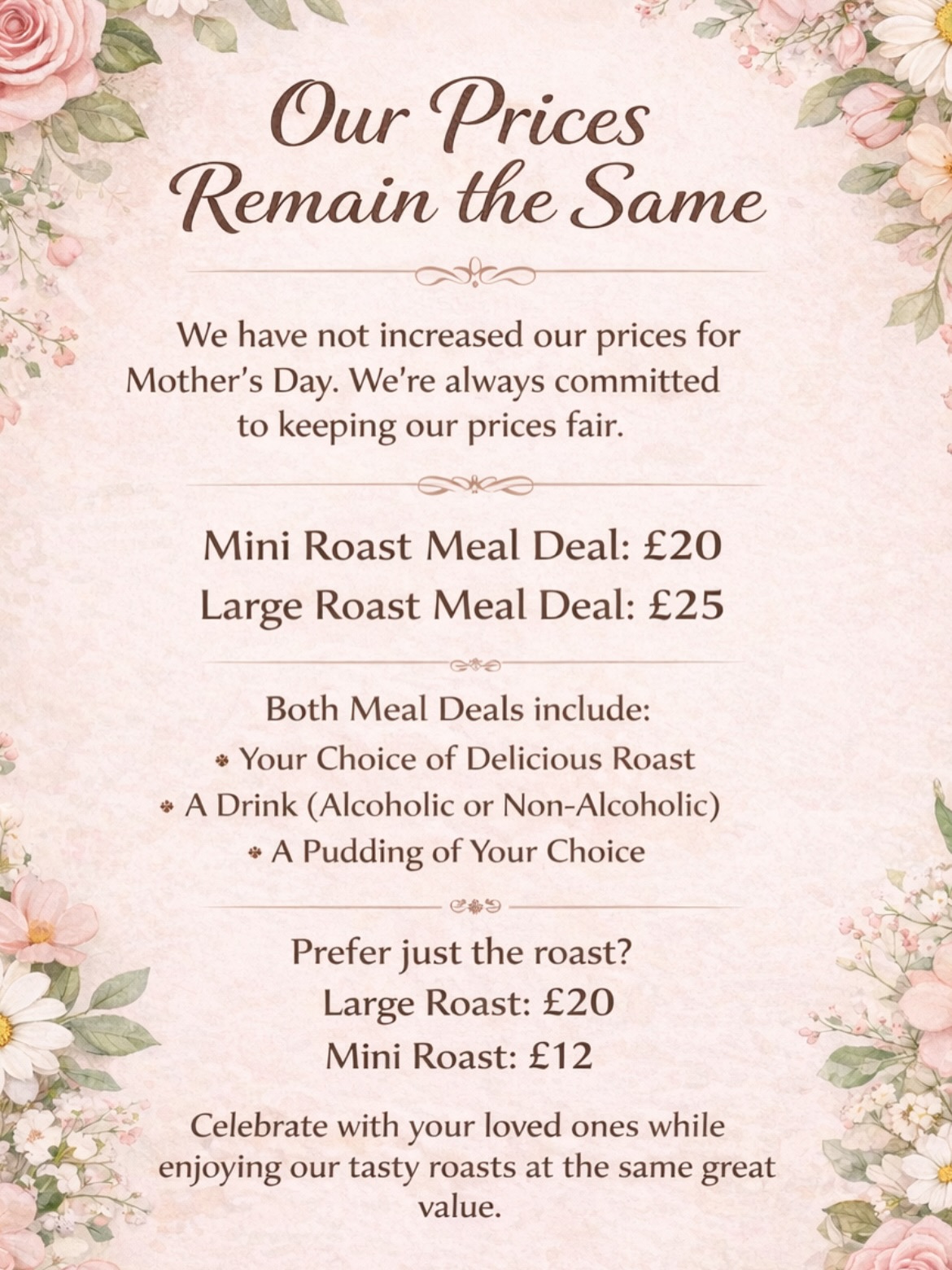 🌸 Mothering Sunday at Bossa Nova Café 🌸
One thing we want to say first… our prices are staying exactly the same.
We believe it’s a bit scandalous when businesses hike prices just because it’s a special day. That’s not what we’re about at Bossa Nova Café.
We’re a community café, and we want families to be able to celebrate together without it costing a fortune. That’s why you can still enjoy a beautiful homemade Sunday roast with us from just £12. Fresh ingredients, homemade food, and prices that stay fair for everyone. ❤️
🌸 Mother’s Day Sunday Roast – 15th March
🕛 12pm sitting – plenty of spaces available
❌ 2pm sitting – fully booked
🕓 4pm sitting – limited spaces available
If you’d like to reserve a table please:
📩 DM us
📞 Call: 07754017173
📧 Email: trudiegrech1977@gmail.com
🍽 Choice of Roasts
🥓 Honey mustard gammon
🍗 Roast garlic & thyme chicken
🐑 Rosemary & minted roast lamb
🥩 Garlic & rosemary roast beef
🥔 Served with all the trimmings:
• Seasoned roast potatoes
• Honey glazed carrots
• Savoy buttered cabbage
• Broccoli & peas
• Cauliflower cheese
• Homemade Yorkshire puddings
• Proper gravy
🍰 Homemade desserts
🍫 Warm chocolate brownie with ice cream
🍰 Selection of cheesecakes
🍓 Victoria sponge with fresh cream & fruit
🍯 Warm ginger cake with toffee sauce
🍎 Apple crumble with vanilla ice cream or custard
🍰 Plus cakes from our cold counter
💷 Our prices (same as every Sunday):
Mini Roast – £12
Large Roast – £20
Mini Roast Meal Deal – £20
Large Roast Meal Deal – £25
🥂 Meal deals include:
• Your roast dinner
• A drink (alcoholic or non-alcoholic)
• A pudding
Come and celebrate Mother’s Day with a proper homemade roast in a warm, friendly community café. 💐
#MothersDay #MothersDayRoast #SundayRoast #BossaNovaCafe #SouthEaling EalingFood FamilyMeal CommunityCafe LondonFood HomemadeFood RoastDinner SupportLocal AffordableDining