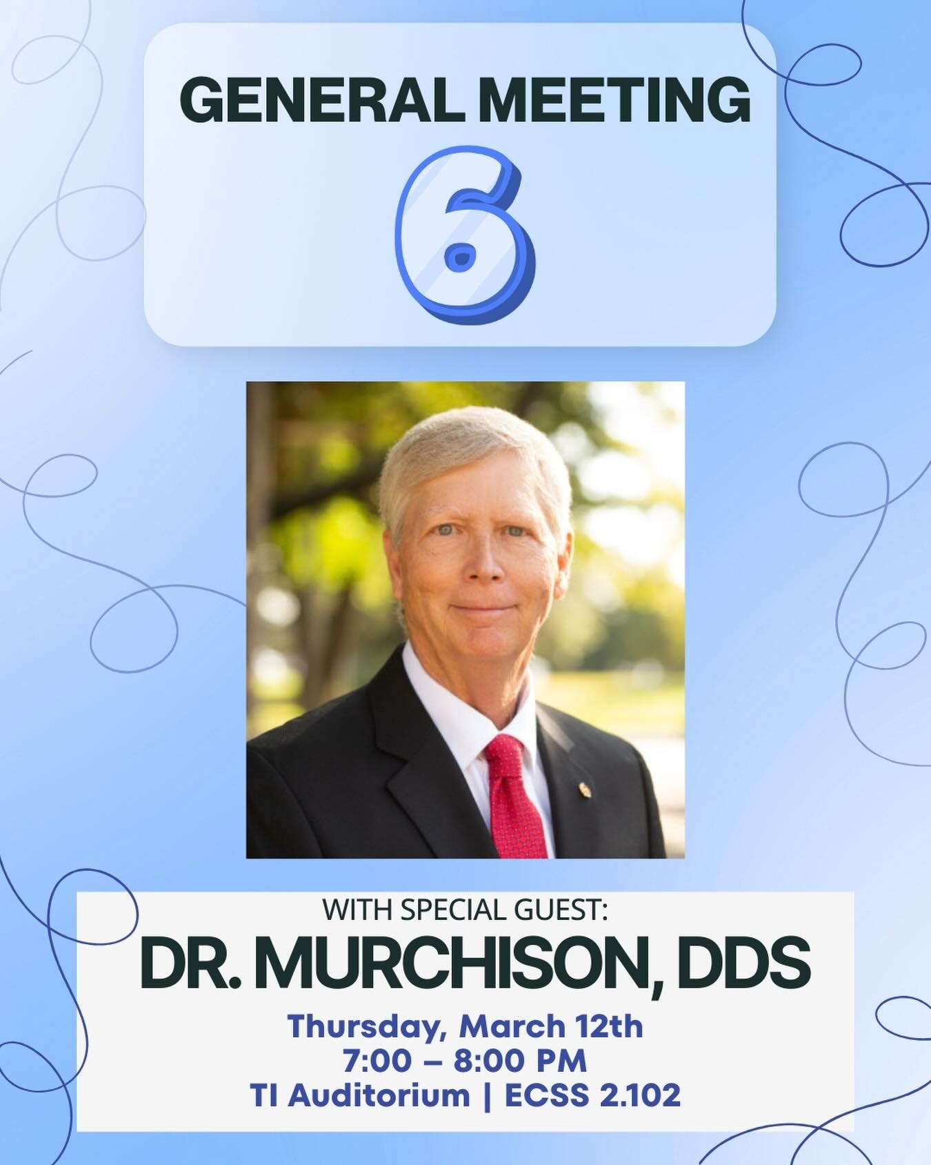 Join us for our upcoming general meeting with guest speaker Dr. Murchison, DDS! He is a professor at UT Dallas teaching Oral Histology, works alongside TAMCOD and is a part of the HPAC committee process. Join us to gain valuable insights on what to expect as both a pre-dental and future dental student! 🦷
We hope to see you at our Torchy’s Tacos fundraiser after the meeting too! 😋
📅 Date: Thursday, March 12th
⏰ Time: 7:00 – 8:00 PM
📍 Location: TI Auditorium (ECSS 2.102)