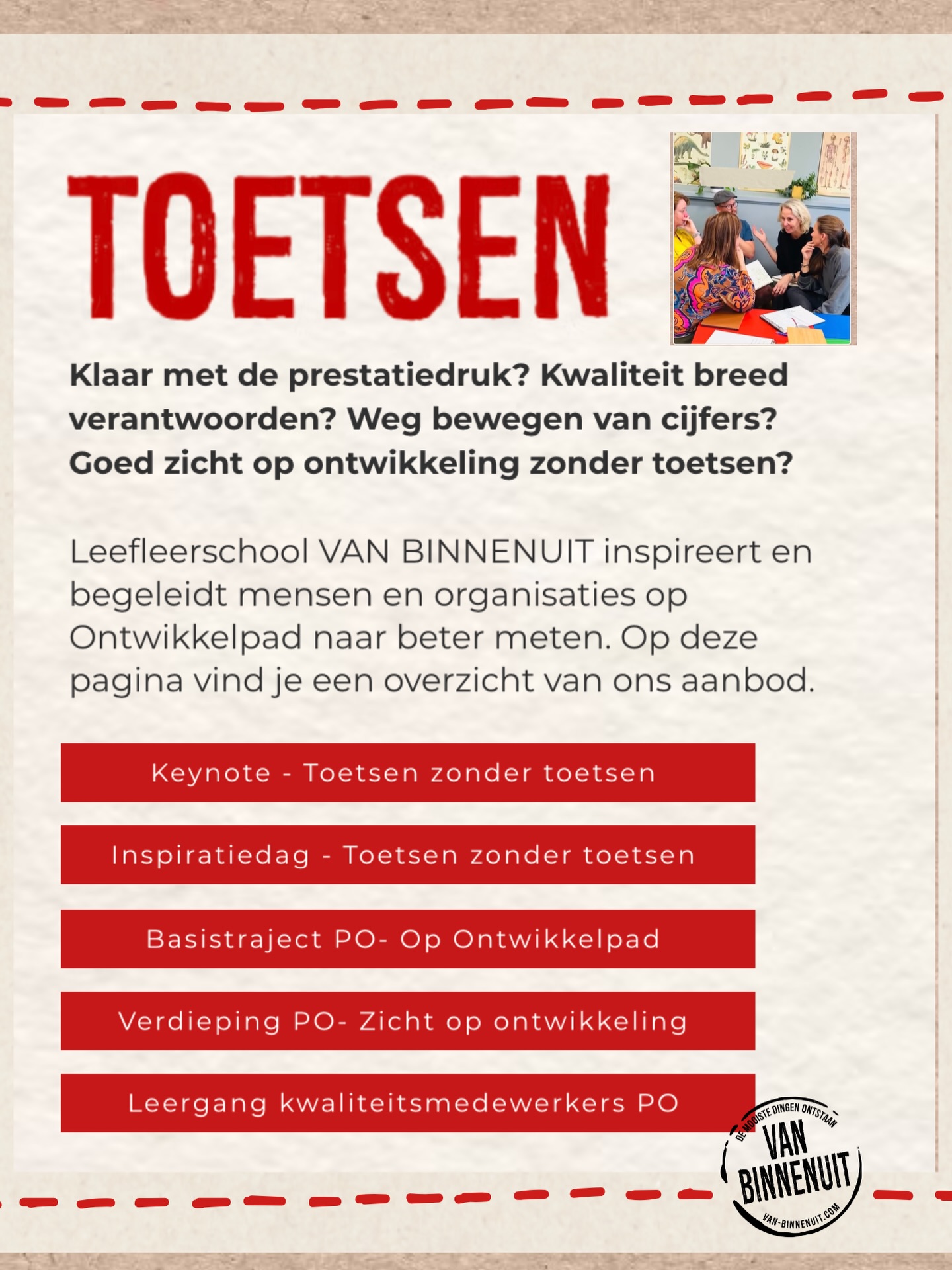 ๐
๐๐น๐ฎ๐ฎ๐ฟ ๐บ๐ฒ๐ ๐ฑ๐ฒ ๐ฝ๐ฟ๐ฒ๐๐๐ฎ๐๐ถ๐ฒ๐ฑ๐ฟ๐๐ธ? ๐๐๐ฎ๐น๐ถ๐๐ฒ๐ถ๐ ๐ฏ๐ฟ๐ฒ๐ฒ๐ฑ ๐๐ฒ๐ฟ๐ฎ๐ป๐๐๐ผ๐ผ๐ฟ๐ฑ๐ฒ๐ป? ๐ช๐ฒ๐ด ๐ฏ๐ฒ๐๐ฒ๐ด๐ฒ๐ป ๐๐ฎ๐ป ๐ฐ๐ถ๐ท๐ณ๐ฒ๐ฟ๐? ๐๐ผ๐ฒ๐ฑ ๐๐ถ๐ฐ๐ต๐ ๐ผ๐ฝ ๐ผ๐ป๐๐๐ถ๐ธ๐ธ๐ฒ๐น๐ถ๐ป๐ด ๐๐ผ๐ป๐ฑ๐ฒ๐ฟ ๐๐ผ๐ฒ๐๐๐ฒ๐ป?
โโโโโโโ
Leefleerschool VAN BINNENUIT inspireert en begeleidt mensen en organisaties op Ontwikkelpad naar beter meten รฉn beter weten. Dat doen we vooral door het voeden en versterken van het vakmanschap van binnenuit.
๐ก Tip:
Boek de inspiratiedag ๐๐ค๐๐ฉ๐จ๐๐ฃ ๐ฏ๐ค๐ฃ๐๐๐ง ๐ฉ๐ค๐๐ฉ๐จ๐๐ฃ als studiedag voor directeuren en IB-ers / KC-ers van je stichting.
Deze inspiratiedag is ook een waardevolle invulling voor een stichtingsdag, congres of symposium PO-VO.
Link met meer informatie vind je bij commentaar. Of neem gerust contact op. We vertellen je graag meer.
@ik_ontwikkel @levehetonderwijs
#doorstroomtoets #zichtopkwaliteit #toetsenzondertoetsen #zichtopontwikkeling