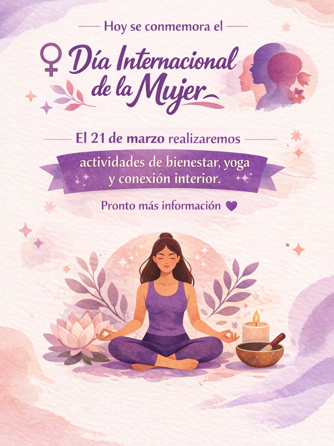 Hoy se conmemora el Día Internacional de la Mujer Trabajadora, una fecha de reflexión, memoria y reconocimiento.
Sabemos que para muchas mujeres este es también un día de manifestación y de conciencia colectiva. Desde nuestro espacio queremos honrar este momento con respeto, escuchando y valorando las distintas experiencias.
En el marco del mes de la Mujer es que este 21 de marzo realizaremos algunas actividades desde el bienestar, el yoga y la conexión interior.
Pronto compartiremos más información.
Te invitamos a estar atenta a nuestras redes.
🧘♀️💜🙏🏻