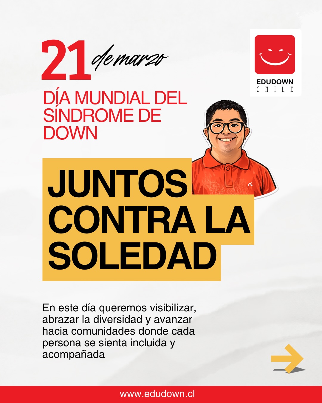 💛 Marzo es un mes muy significativo para nuestra comunidad.
En el marco del 21 de marzo, Día Mundial del Síndrome de Down, queremos seguir visibilizando la importancia de construir una sociedad más inclusiva, donde cada niño, joven y adulto tenga oportunidades reales de participar, aprender y desarrollarse.
En Edudown acompañamos actualmente a más de 1.200 familias, brindando apoyos terapéuticos, educativos y programas de inclusión social y laboral para personas con síndrome de Down a lo largo de todo su ciclo de vida.
Gran parte de este trabajo es posible gracias al compromiso de quienes creen en la inclusión.
💚 Hoy te invitamos a ser parte de esta comunidad.
Hazte socio de Edudown y ayúdanos a seguir acompañando a cientos de familias que necesitan apoyo, orientación y oportunidades.
Tu aporte permite que podamos mantener y ampliar nuestros programas, llegando cada vez a más personas.
🤝 La inclusión se construye en comunidad. Súmate.
#Edudown
#DíaMundialDelSíndromeDeDown
#HazteSocio