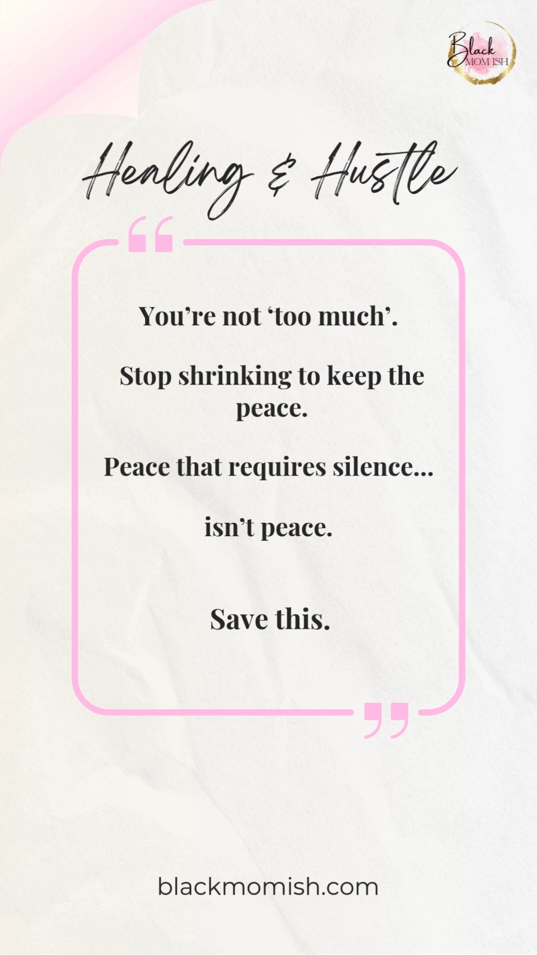 Stop shrinking to make other people comfortable.
You can be loving and still be firm.
You can be kind and still have boundaries.
You can be soft and still say, “No.”
This week, choose clarity over guilt and peace over performance.
Where have you been shrinking lately? (Work, family, relationships, friendships)
Drop one word in the comments.
#BlackMomIsh #HealingAndHustle #BlackMoms #BlackWomenHealing #ProtectYourPeace #BoundariesAreBeautiful #SelfRespect #EmotionalWellness #HealingJourney #BlackWomenWellness #SoftLife #Unlearning