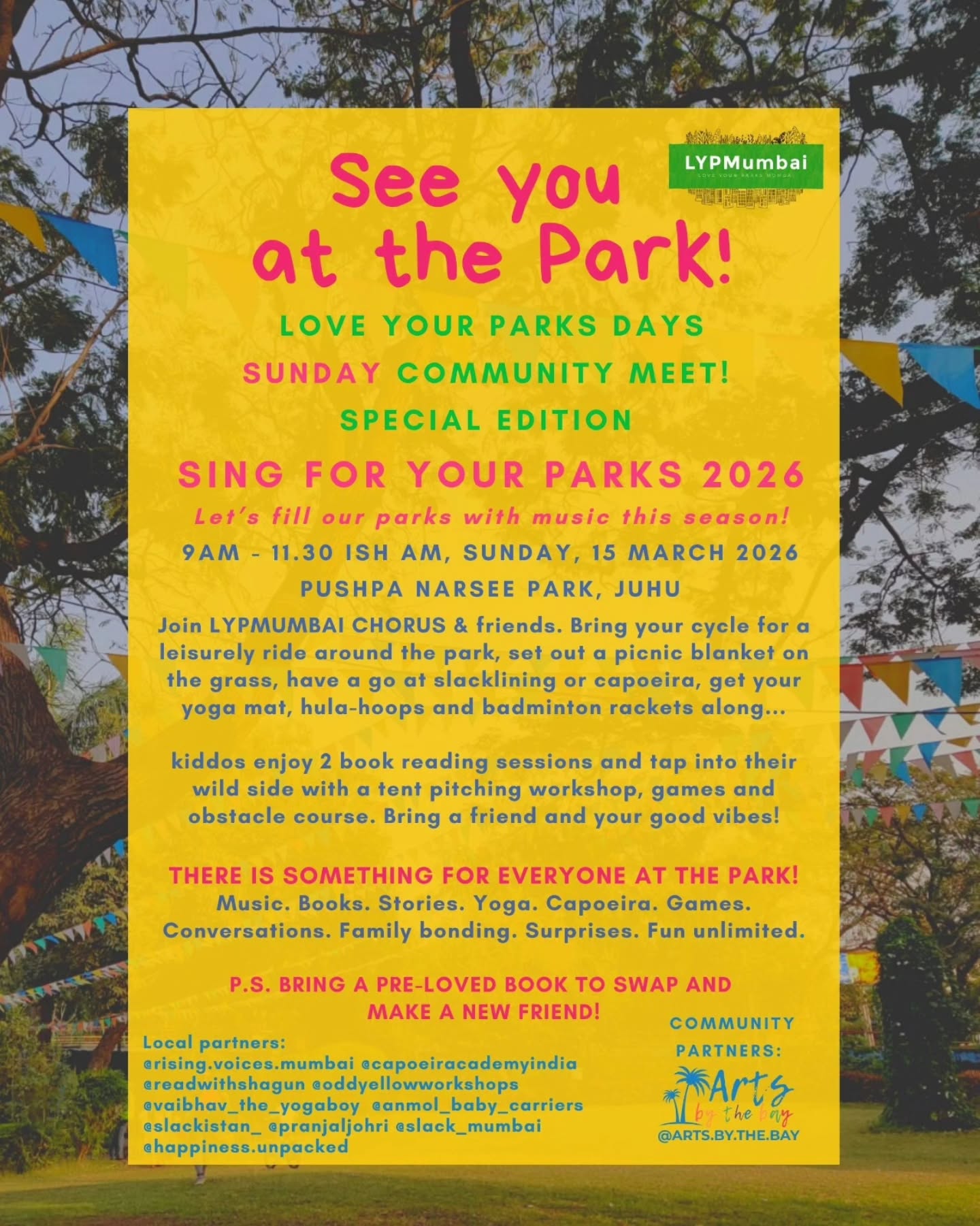 SingForYourParks is back!
LYPMumbai chorus and friends, let's go!
SAVE THE DATES:
Love Your Parks Mumbai invites you to a beautiful weekend:
SATURDAY, 14 March : Open rehearsal - community choir singing workshop Saturday morning
Free. Limited seats. More info and RSVP on www.lypmumbai.com (link in stories too)
SUNDAY, 15 March
Lots of fun for all ages, Free and open to all
Check posters for all info :)
LYPMumbai chorus brings us hope.
Choir director: Petra Misquita ft. Rising Voices
Music can change the world. And it's always better when we're together! Do you agree?
Tag someone who should sing with us!
Join us as we fill our parks with music this season!
#loveyourparksmumbai #loveyourparksdays
#singforyourparks